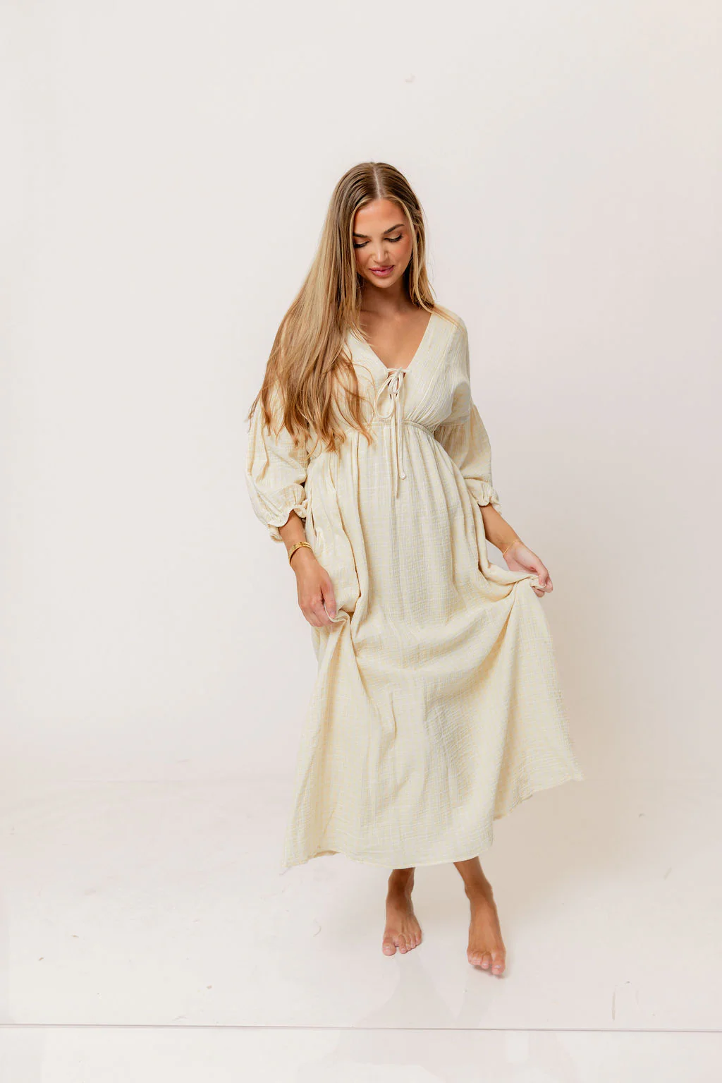 Hunter 100% Cotton Midi Dress in Custard Plaid (Lined) - Bump Friendly - Image 3