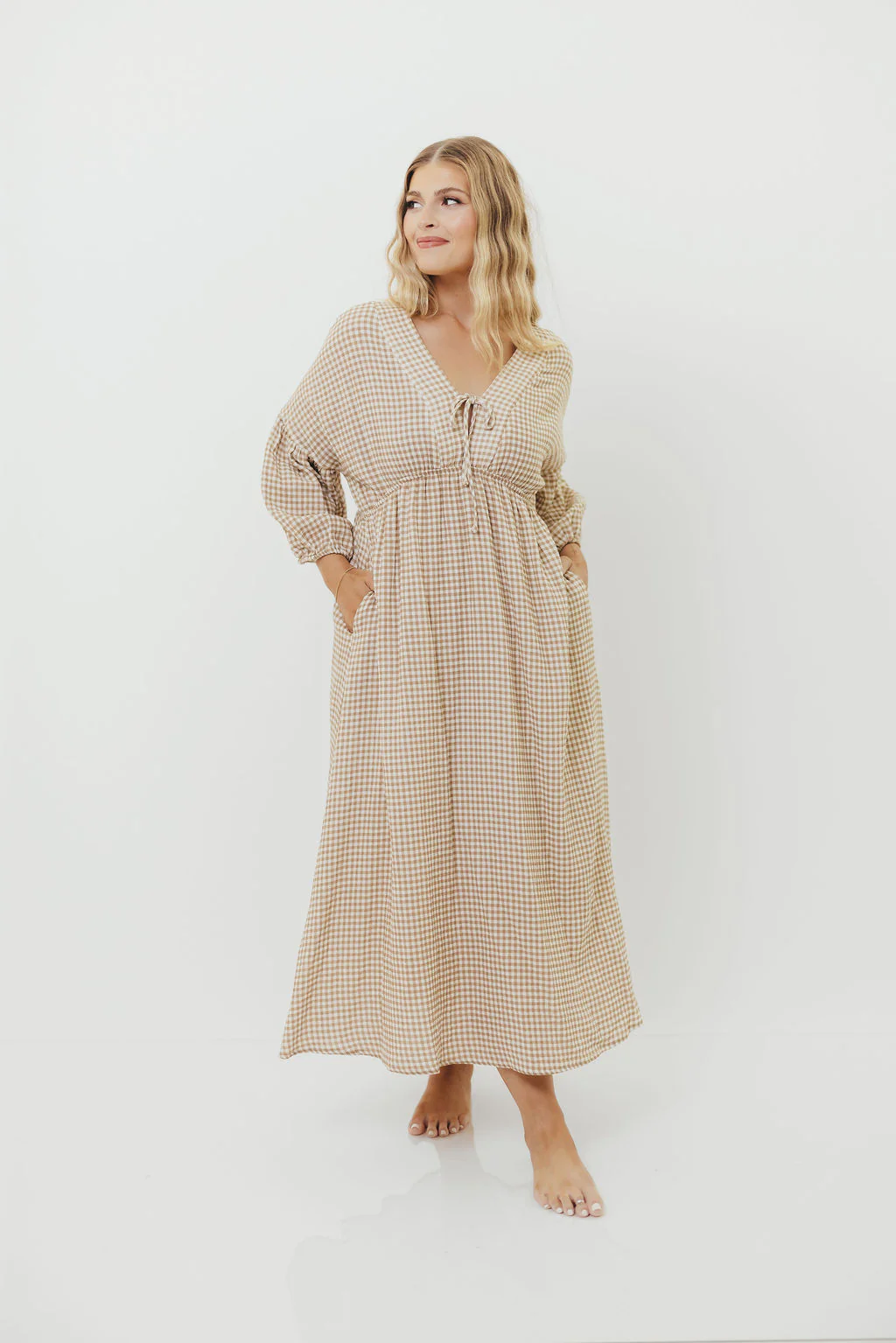 Hunter 100% Cotton Midi Dress in Natural Plaid - Bump Friendly - Image 11