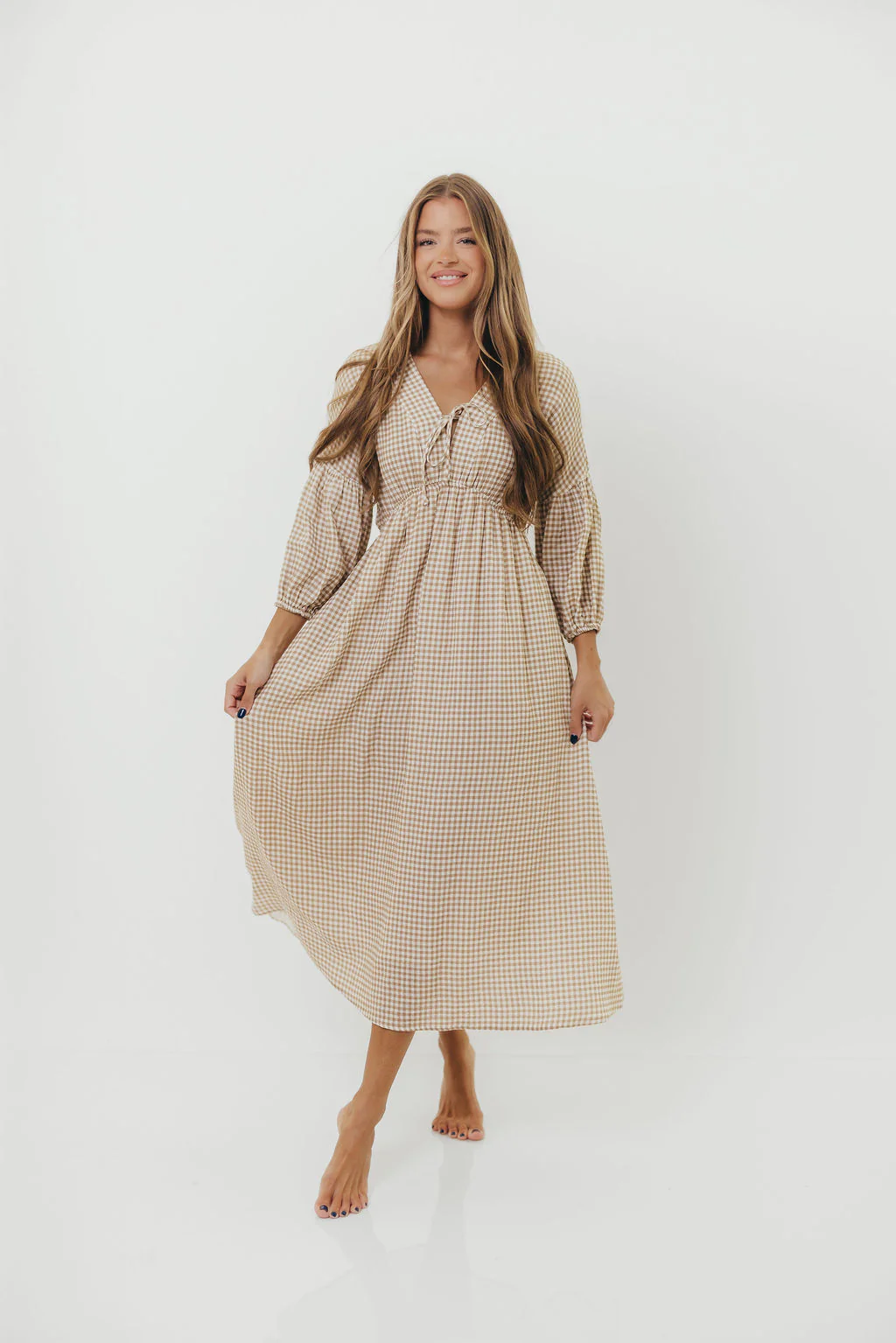 Hunter 100% Cotton Midi Dress in Natural Plaid - Bump Friendly - Image 14