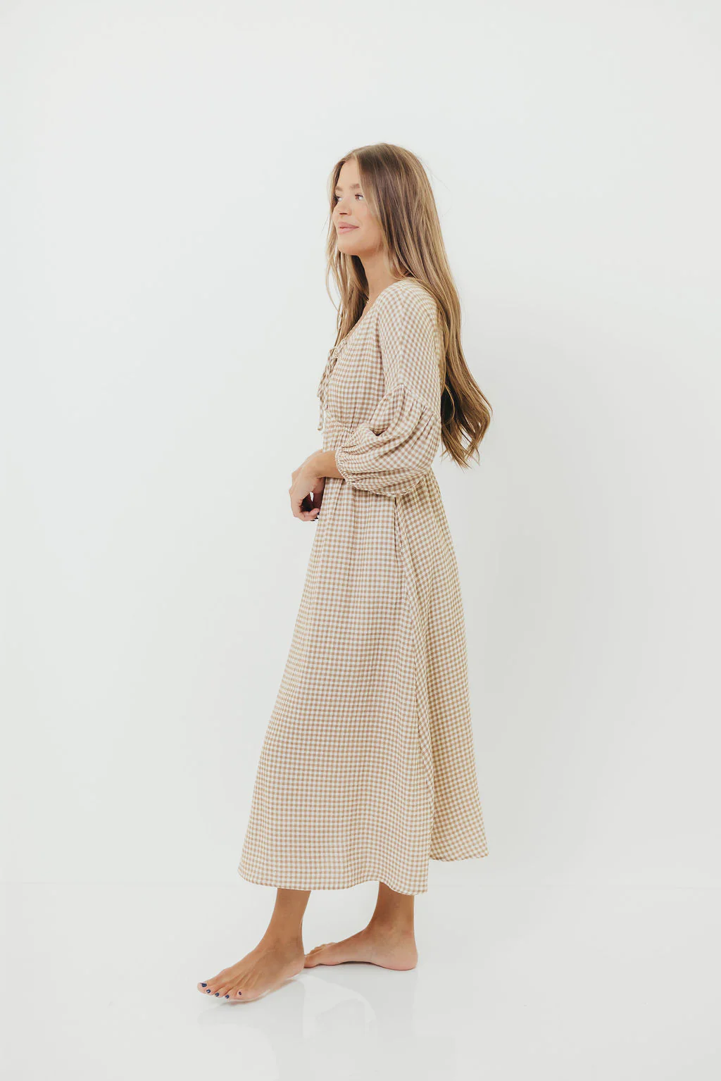 Hunter 100% Cotton Midi Dress in Natural Plaid - Bump Friendly - Image 15