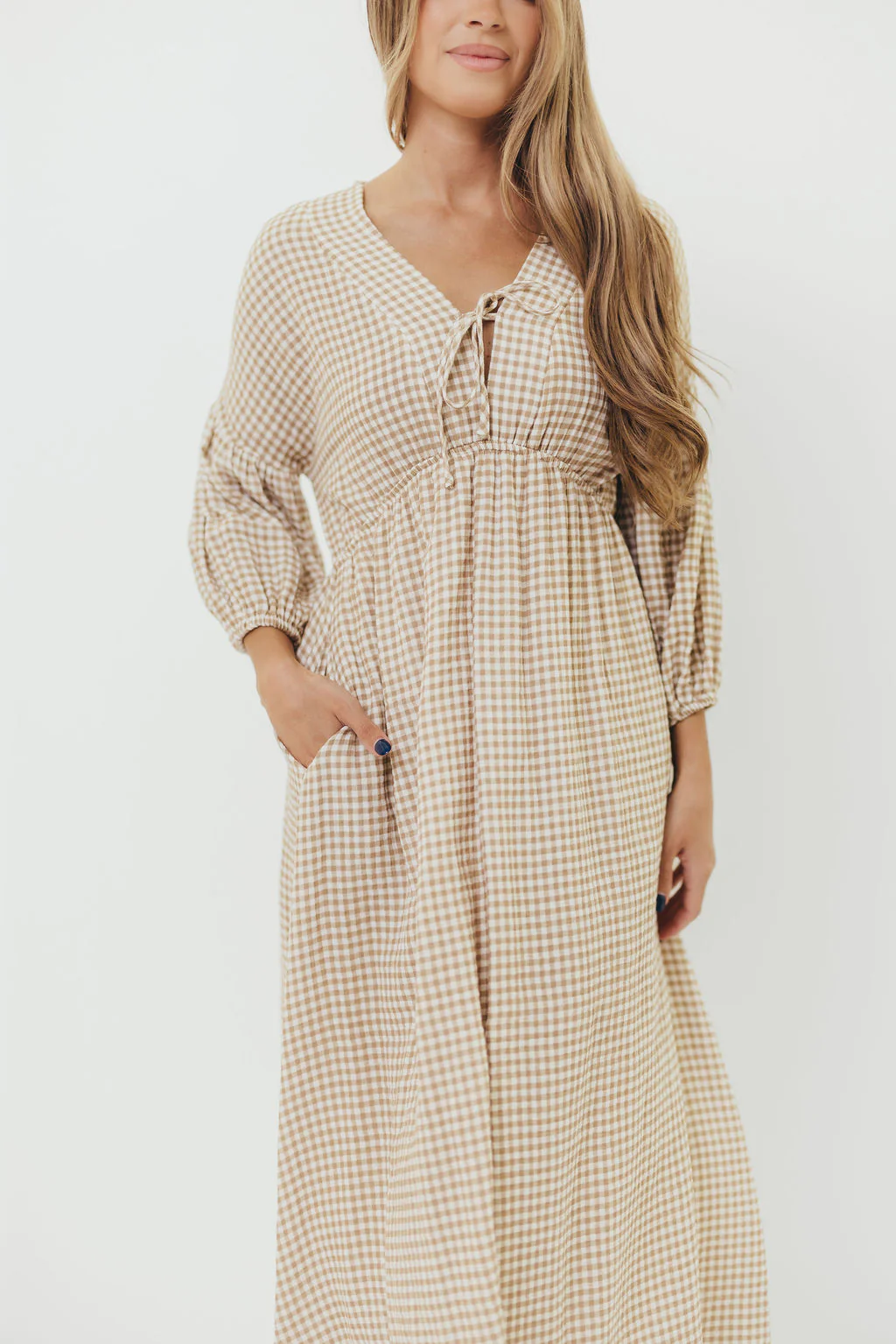 Hunter 100% Cotton Midi Dress in Natural Plaid - Bump Friendly - Image 16