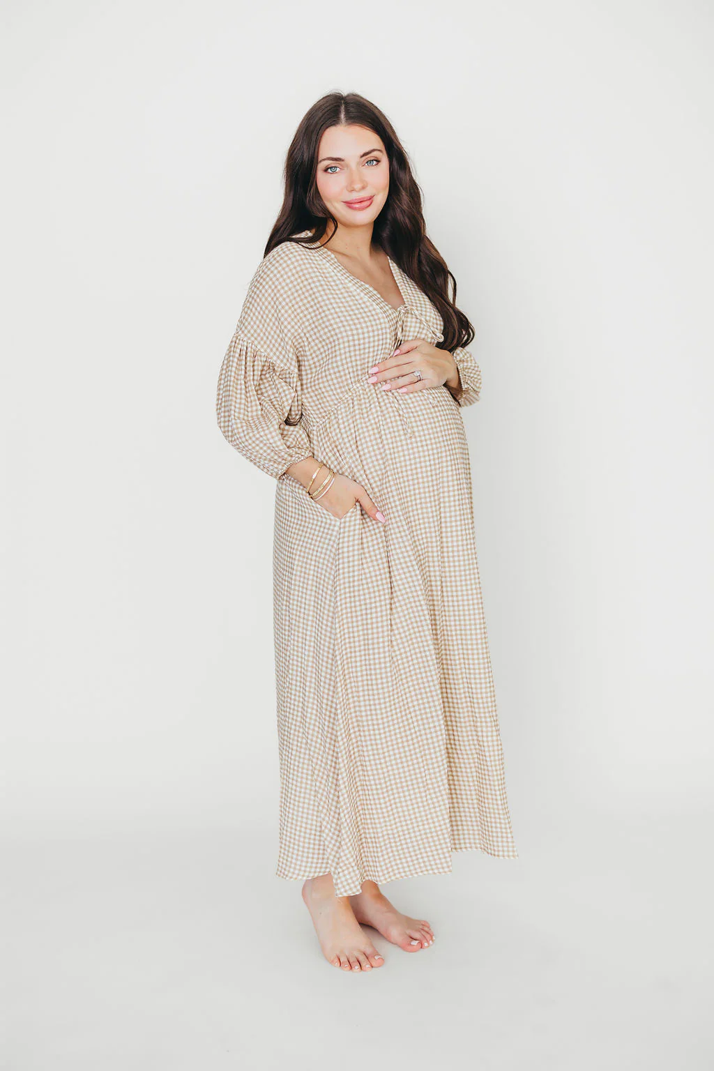 Hunter 100% Cotton Midi Dress in Natural Plaid - Bump Friendly - Image 23