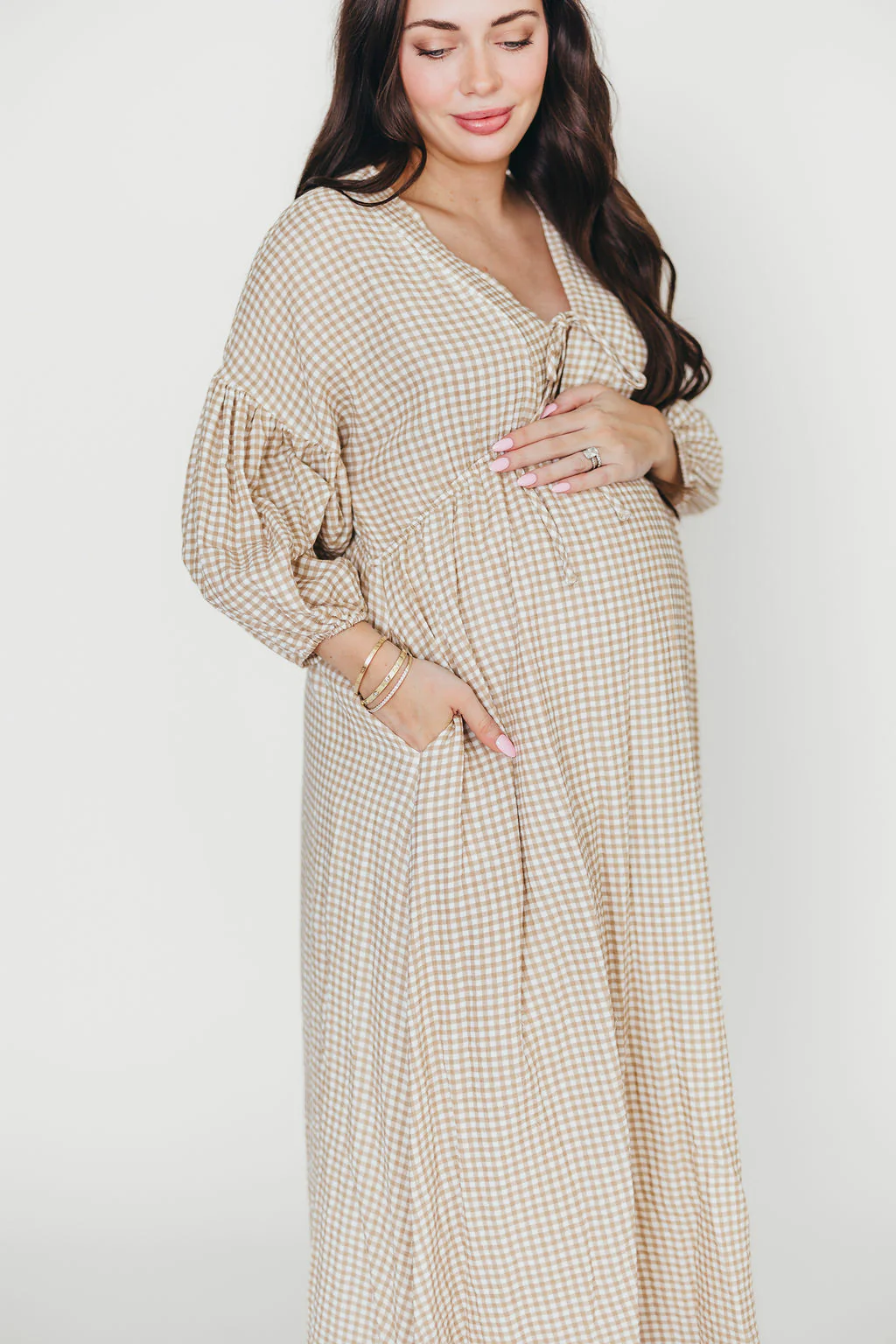 Hunter 100% Cotton Midi Dress in Natural Plaid - Bump Friendly - Image 24