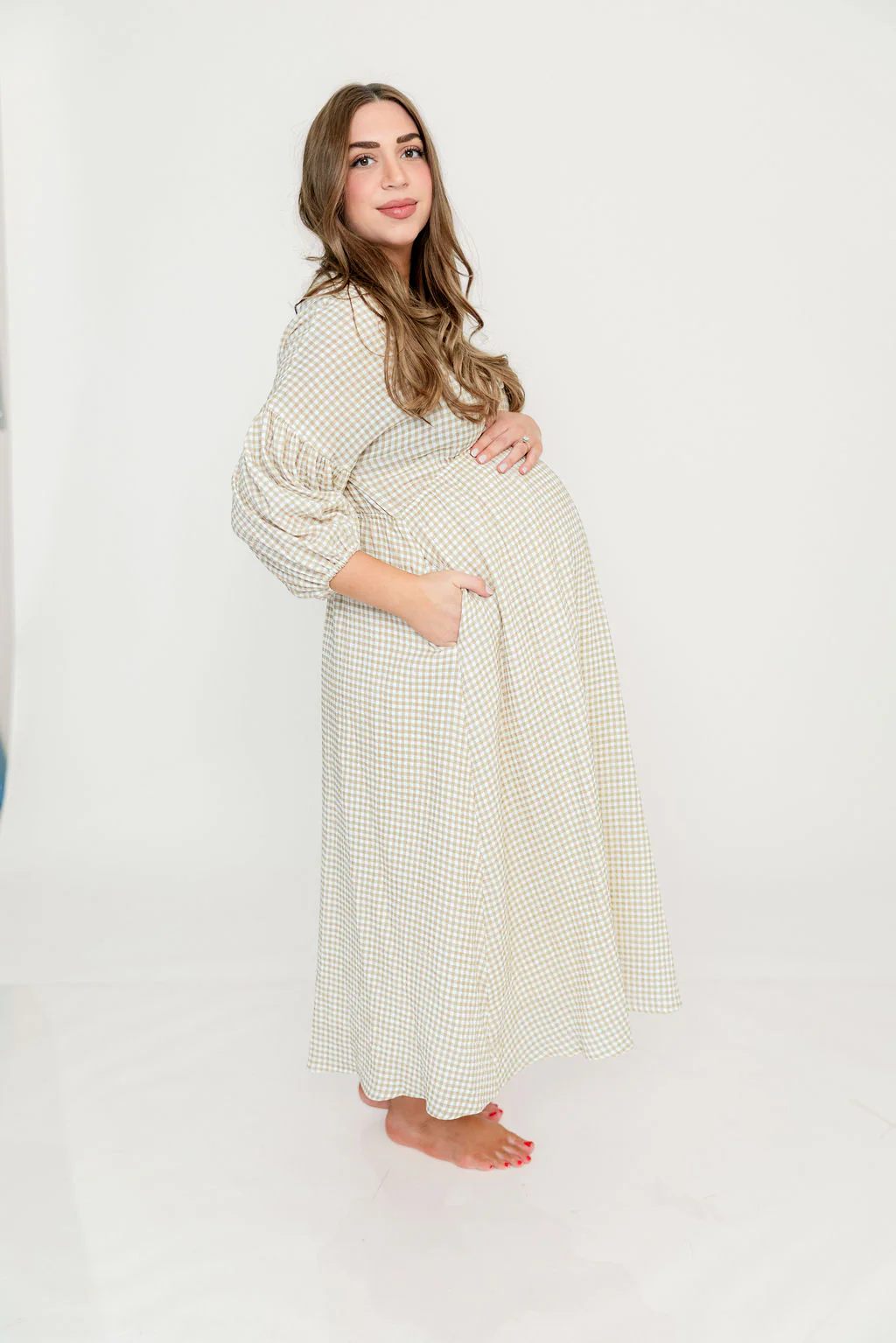 Hunter 100% Cotton Midi Dress in Natural Plaid - Bump Friendly - Image 28