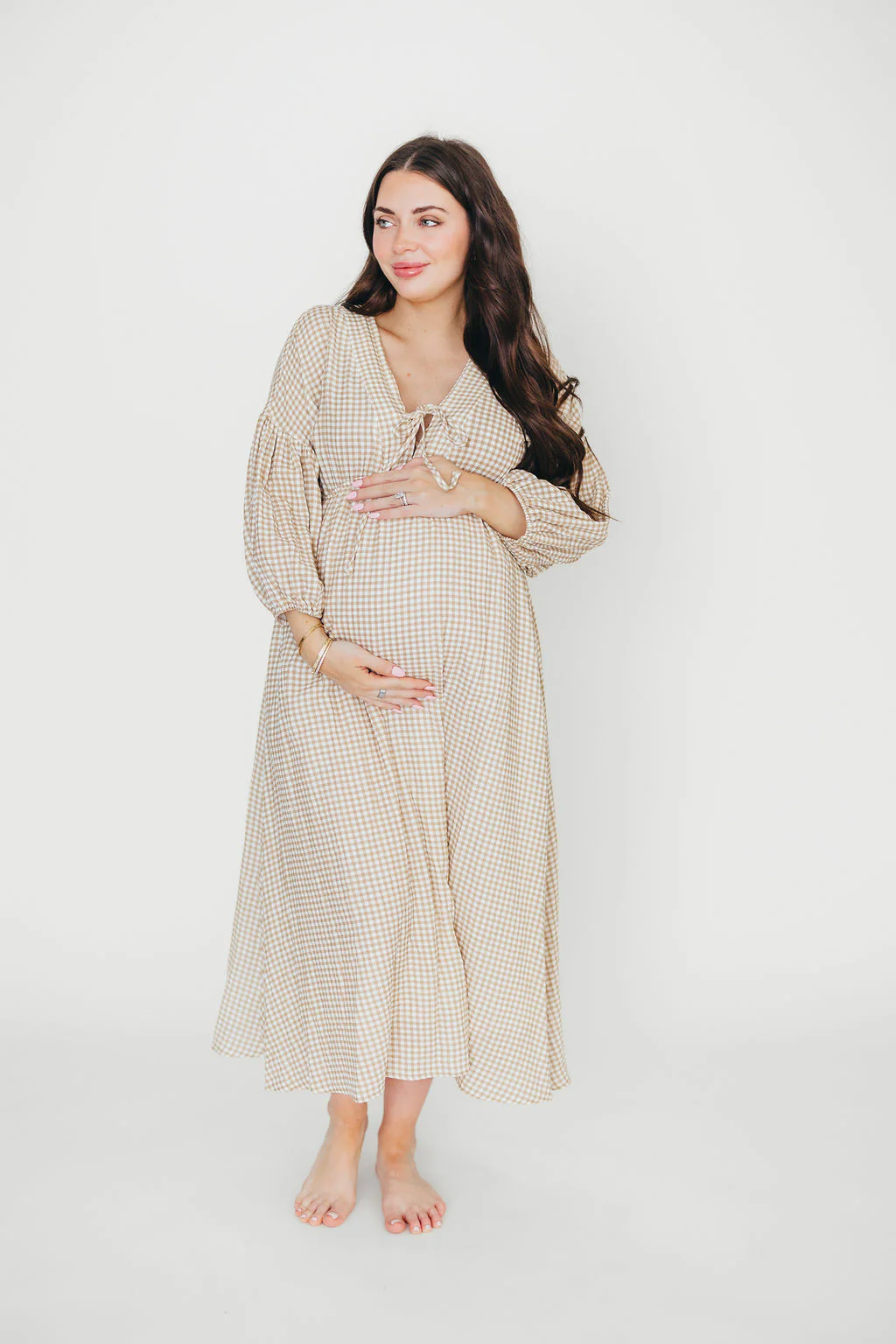 Hunter 100% Cotton Midi Dress in Natural Plaid - Bump Friendly - Image 3