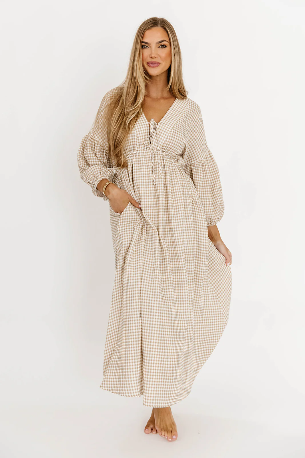 Hunter 100% Cotton Midi Dress in Natural Plaid - Bump Friendly - Image 5