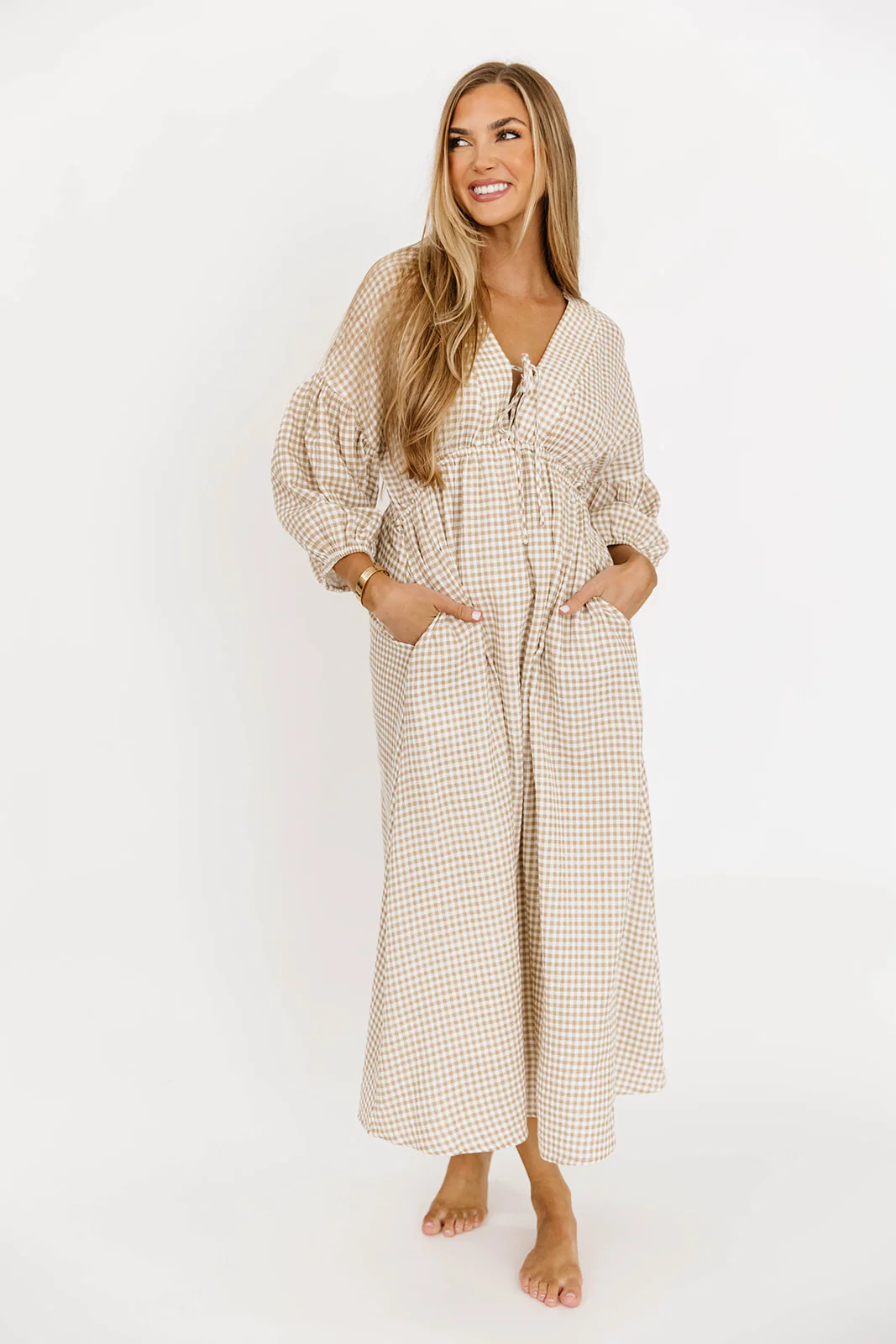 Hunter 100% Cotton Midi Dress in Natural Plaid - Bump Friendly - Image 7