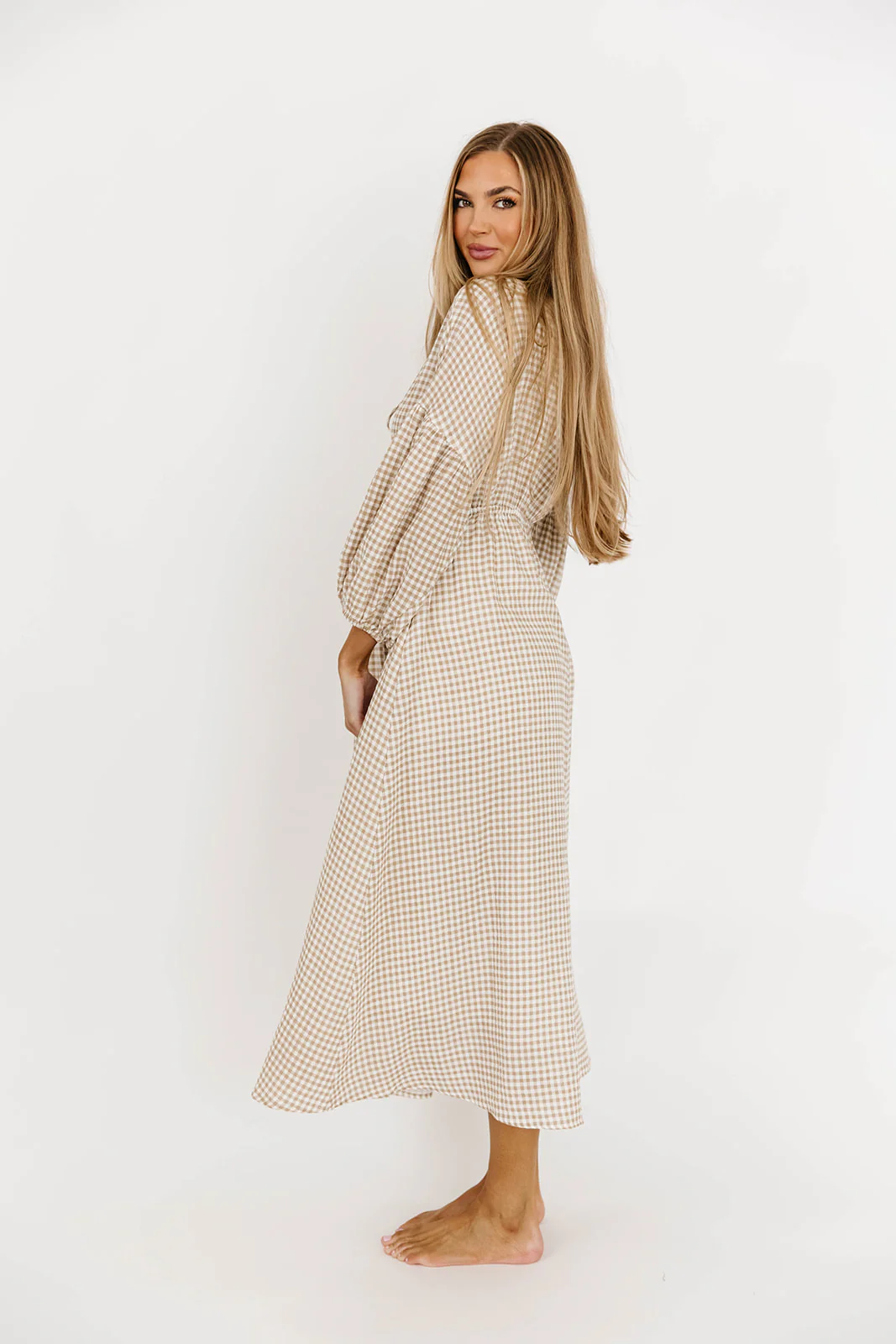Hunter 100% Cotton Midi Dress in Natural Plaid - Bump Friendly - Image 9