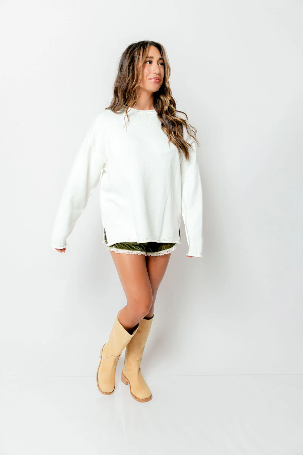 Irina Velvet High-Waist Lace Trim Shorts in Khaki Green - Image 7