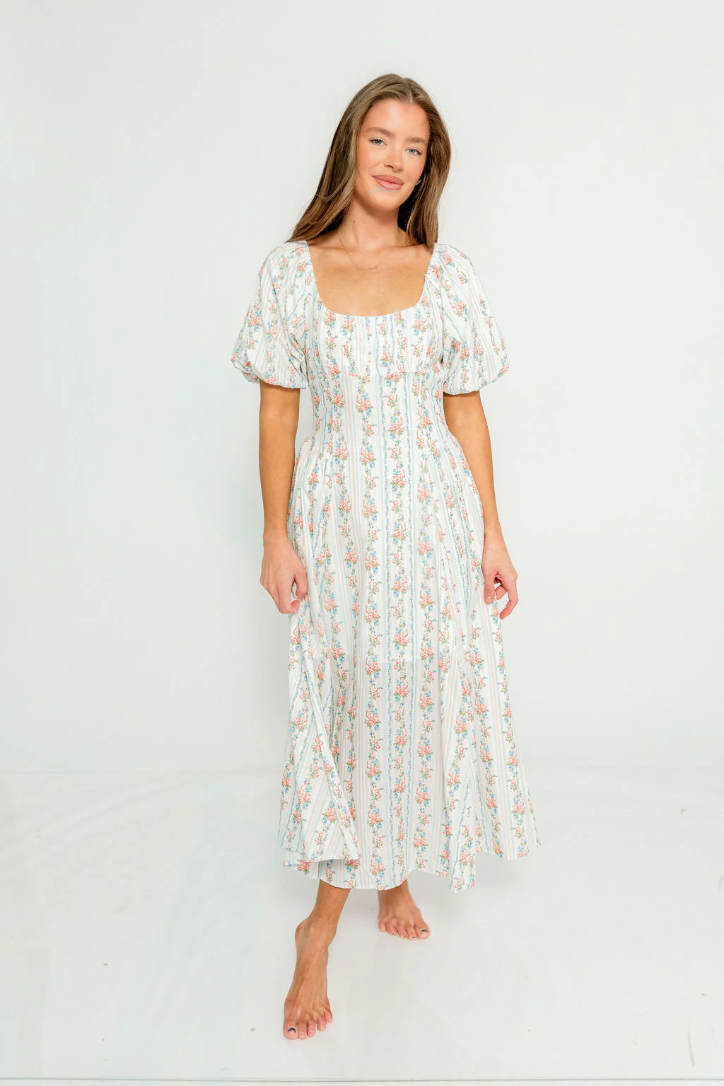 Eliana Floral Puff Sleeve Midi Dress in Off White Multi