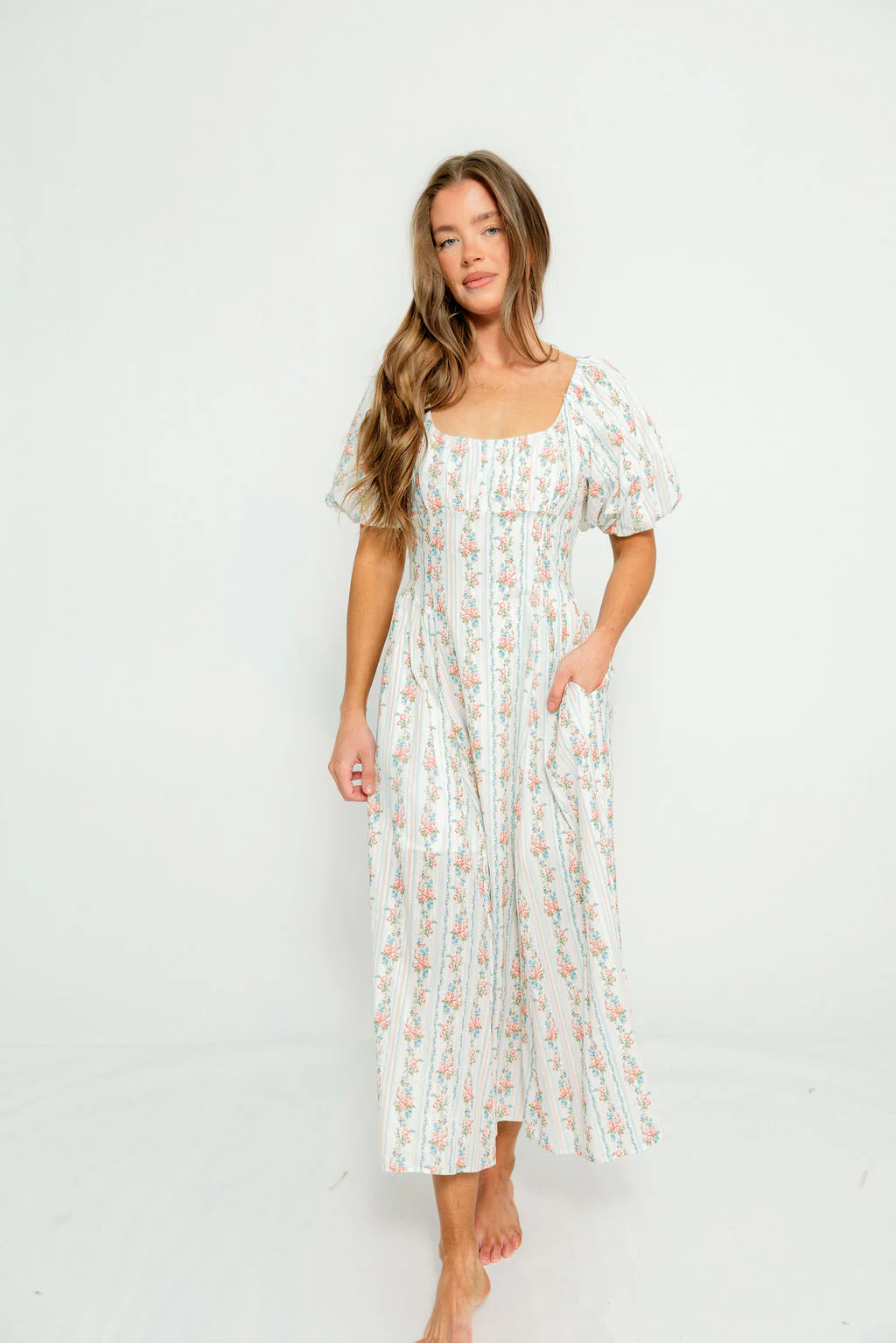 Eliana Floral Puff Sleeve Midi Dress in Off White Multi - Image 2