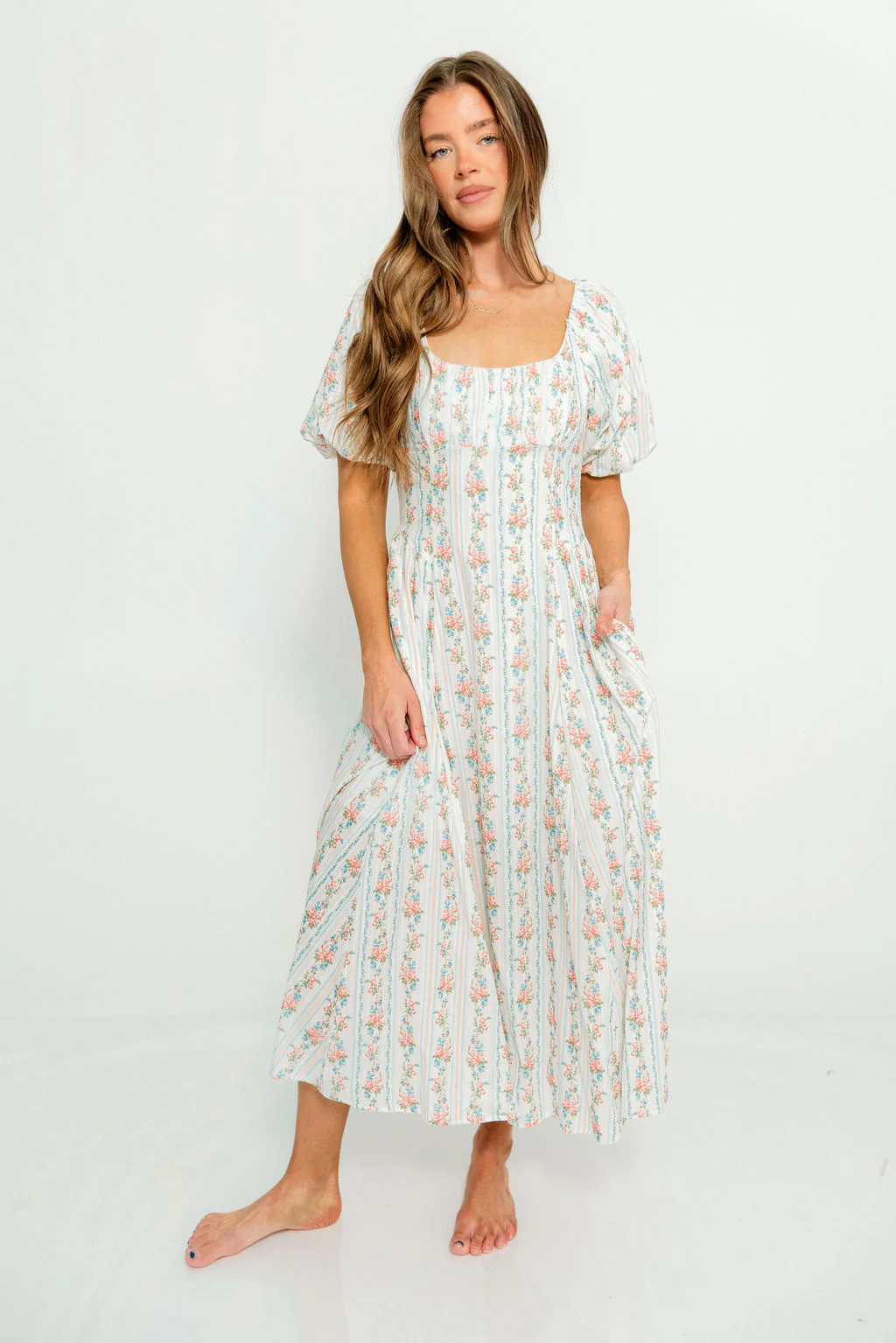 Eliana Floral Puff Sleeve Midi Dress in Off White Multi - Image 3