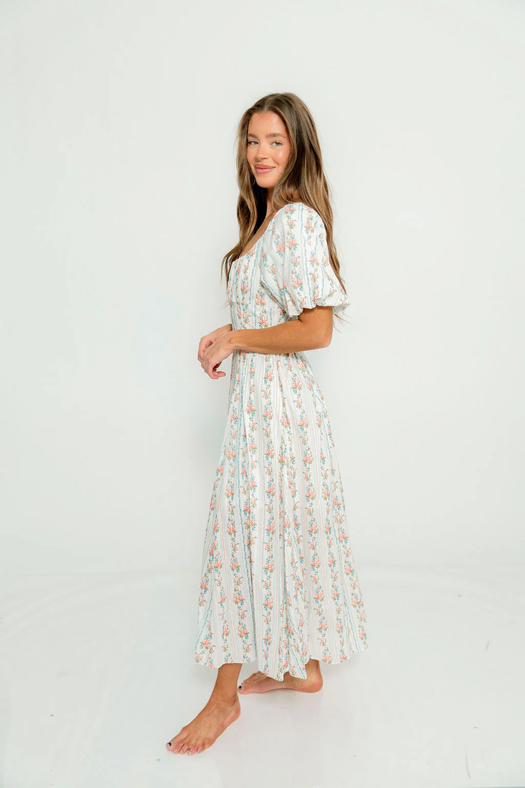 Eliana Floral Puff Sleeve Midi Dress in Off White Multi - Image 4