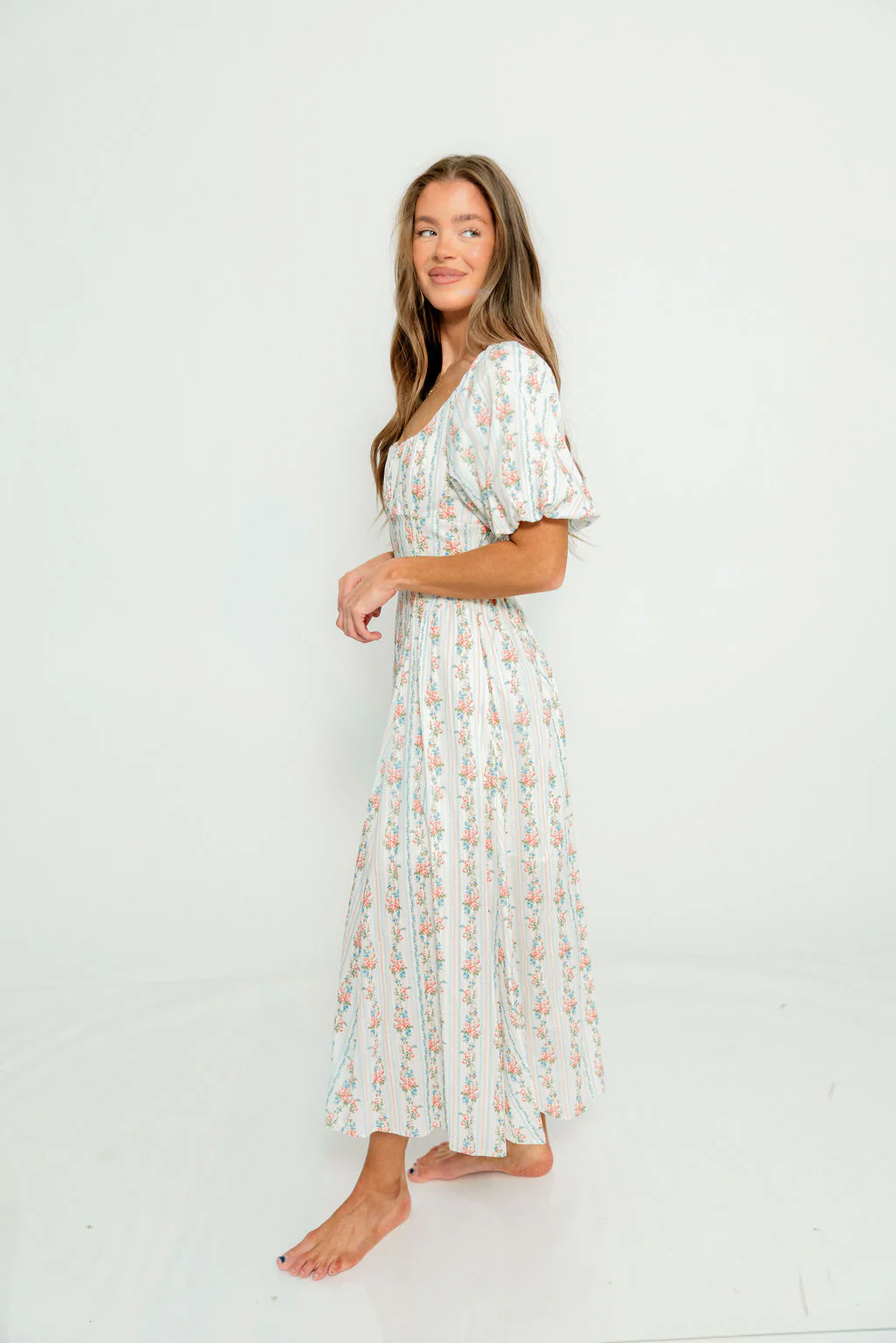 Eliana Floral Puff Sleeve Midi Dress in Off White Multi - Image 5