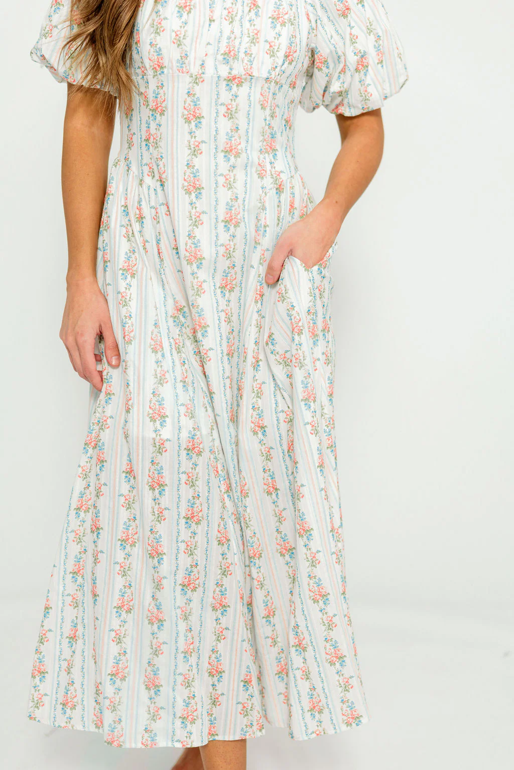 Eliana Floral Puff Sleeve Midi Dress in Off White Multi - Image 6
