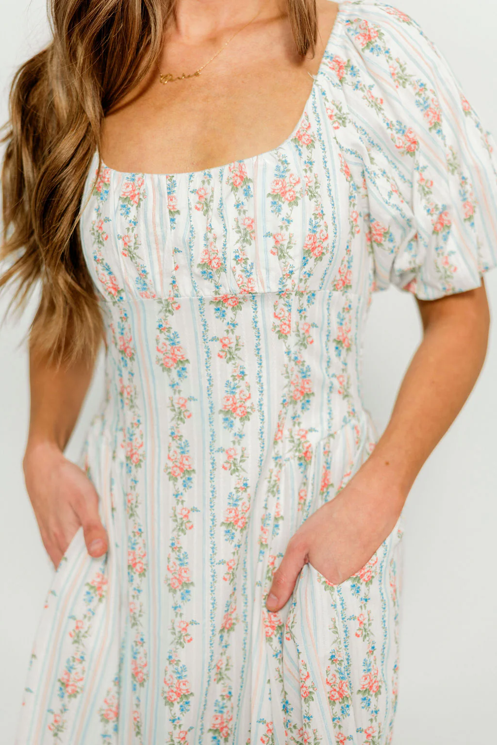 Eliana Floral Puff Sleeve Midi Dress in Off White Multi - Image 7