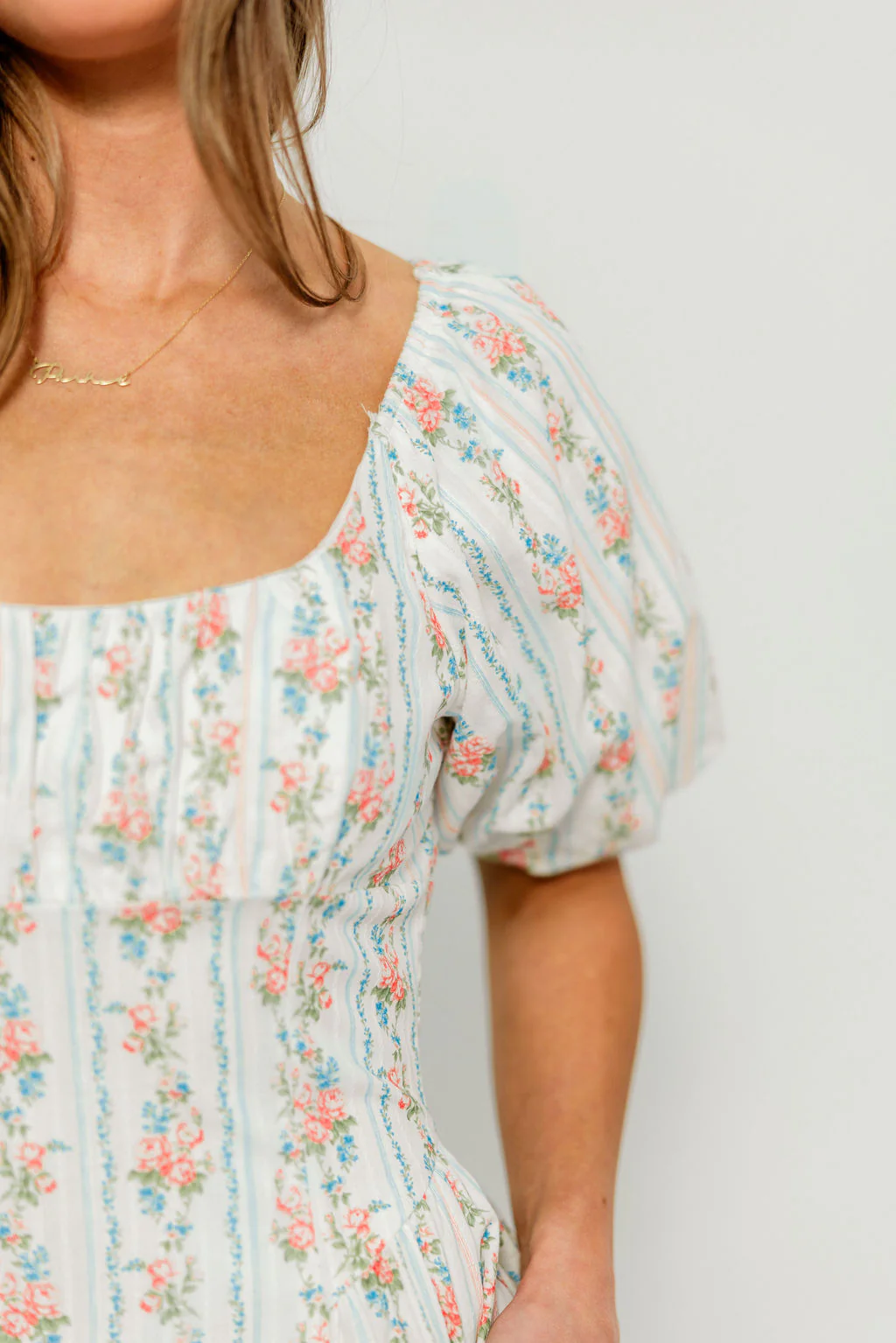 Eliana Floral Puff Sleeve Midi Dress in Off White Multi - Image 8