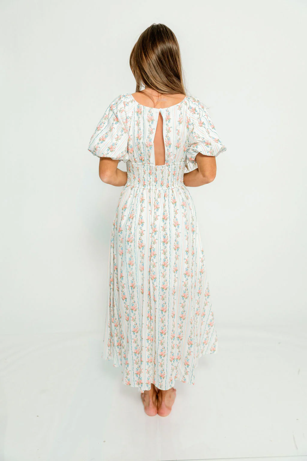 Eliana Floral Puff Sleeve Midi Dress in Off White Multi - Image 9