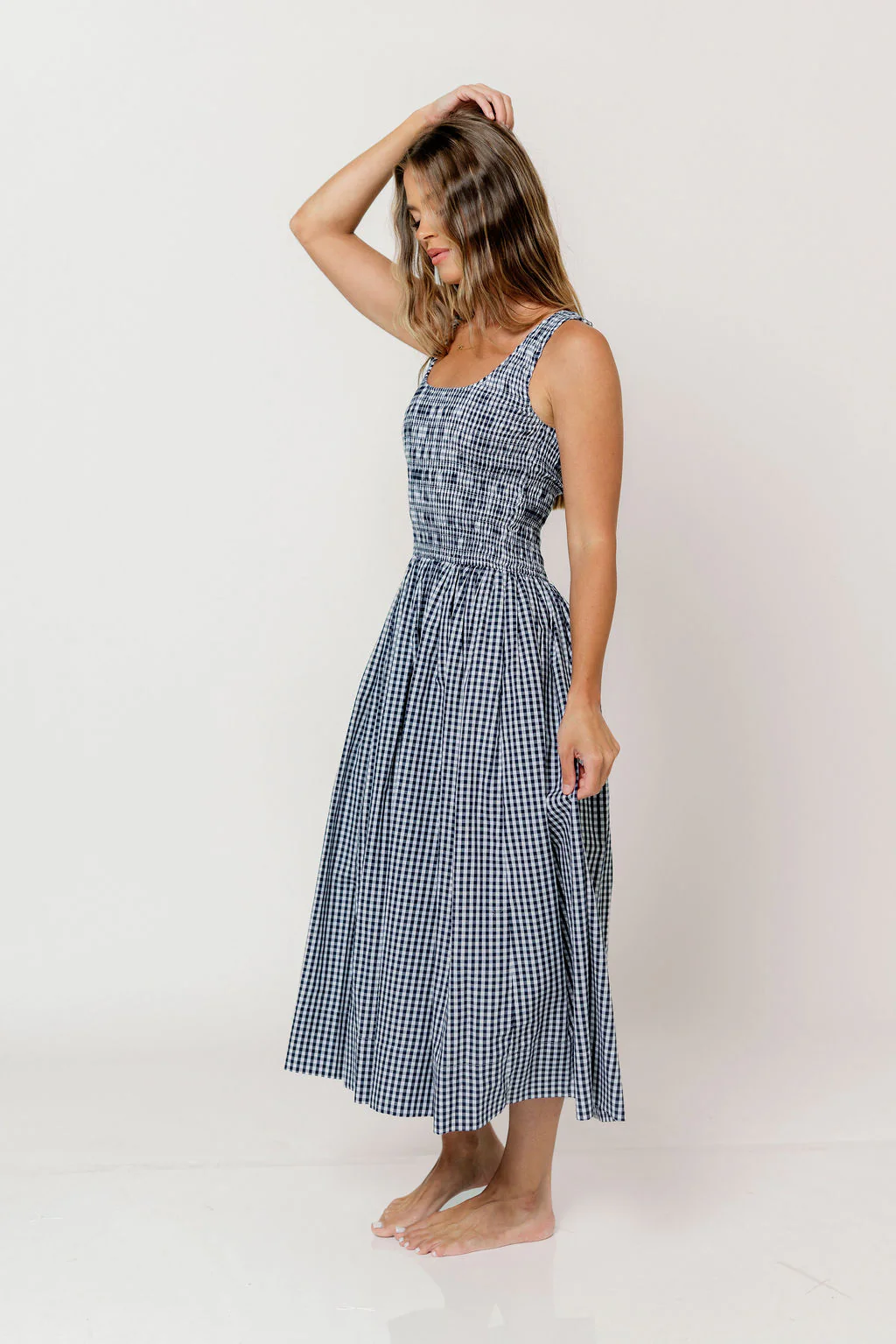 Janice 100% Cotton Gingham Smocked Midi Dress in Navy