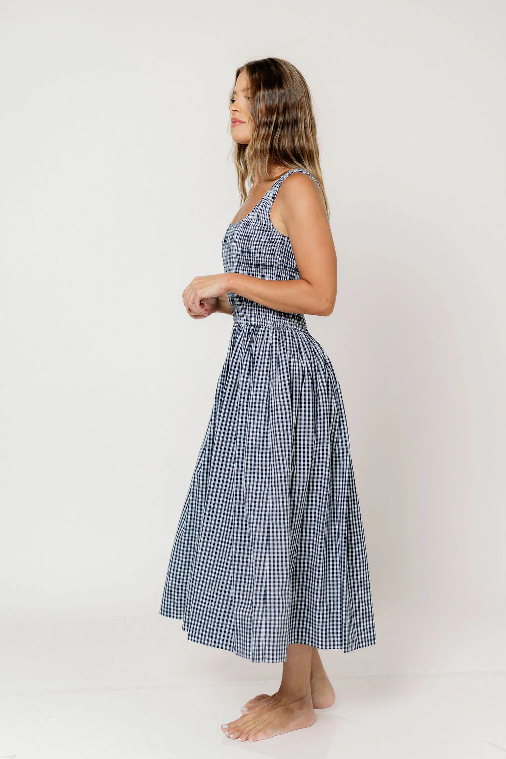 Janice 100% Cotton Gingham Smocked Midi Dress in Navy - Image 10