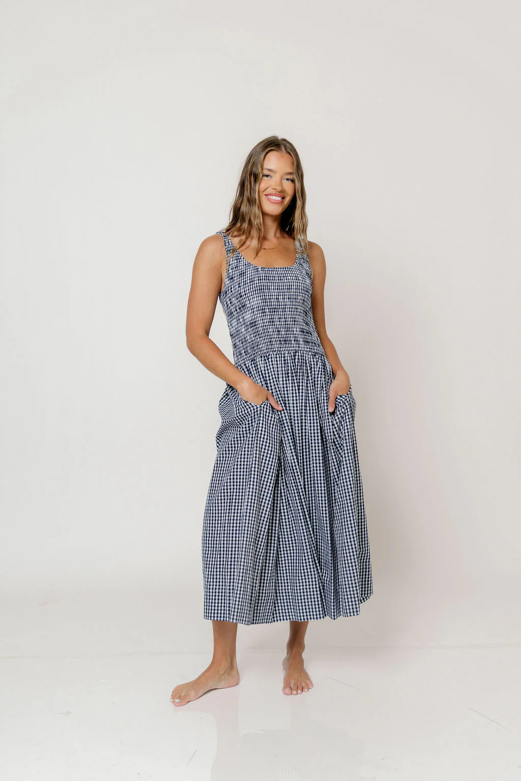 Janice 100% Cotton Gingham Smocked Midi Dress in Navy - Image 2