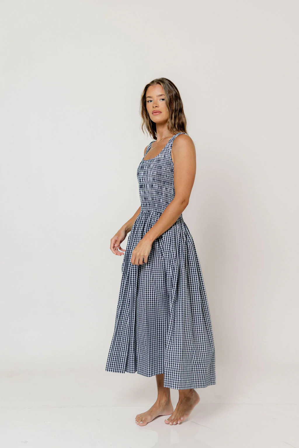 Janice 100% Cotton Gingham Smocked Midi Dress in Navy - Image 3
