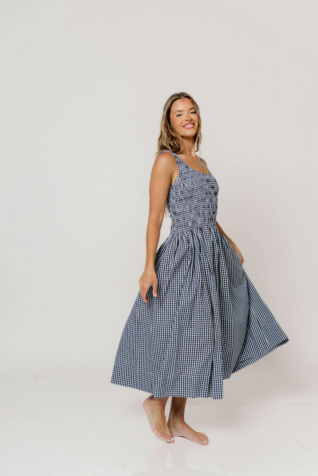 Janice 100% Cotton Gingham Smocked Midi Dress in Navy - Image 4