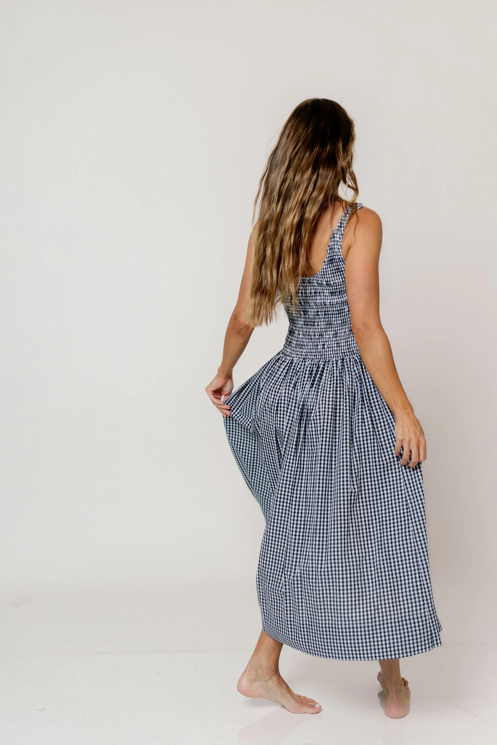 Janice 100% Cotton Gingham Smocked Midi Dress in Navy - Image 6