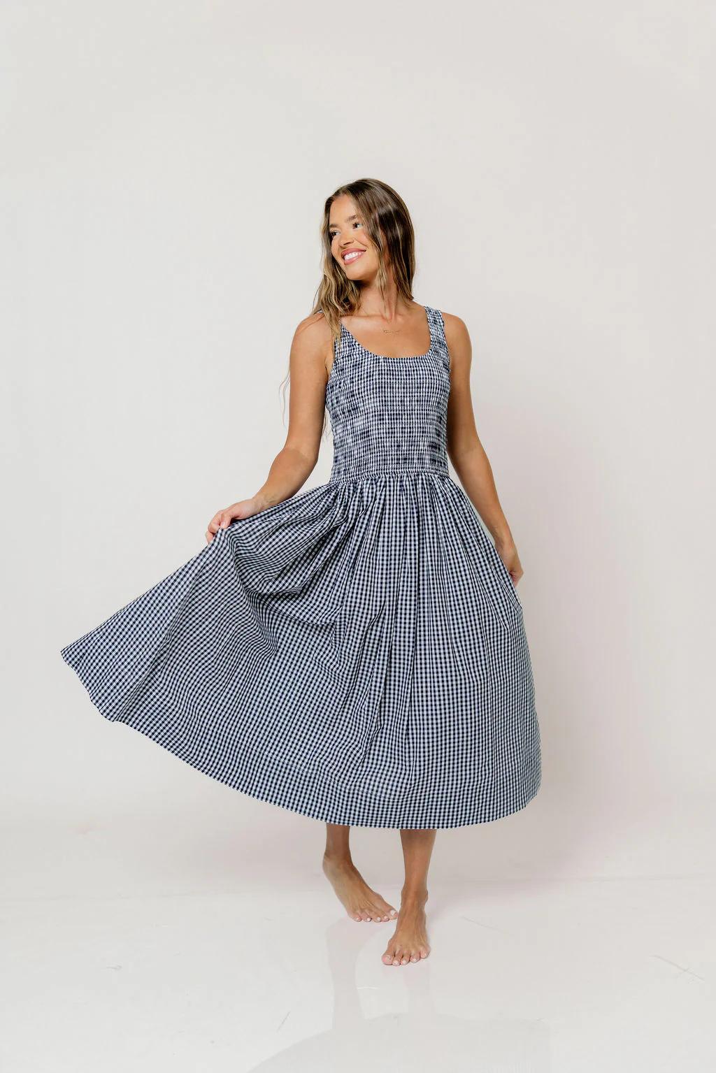 Janice 100% Cotton Gingham Smocked Midi Dress in Navy - Image 7