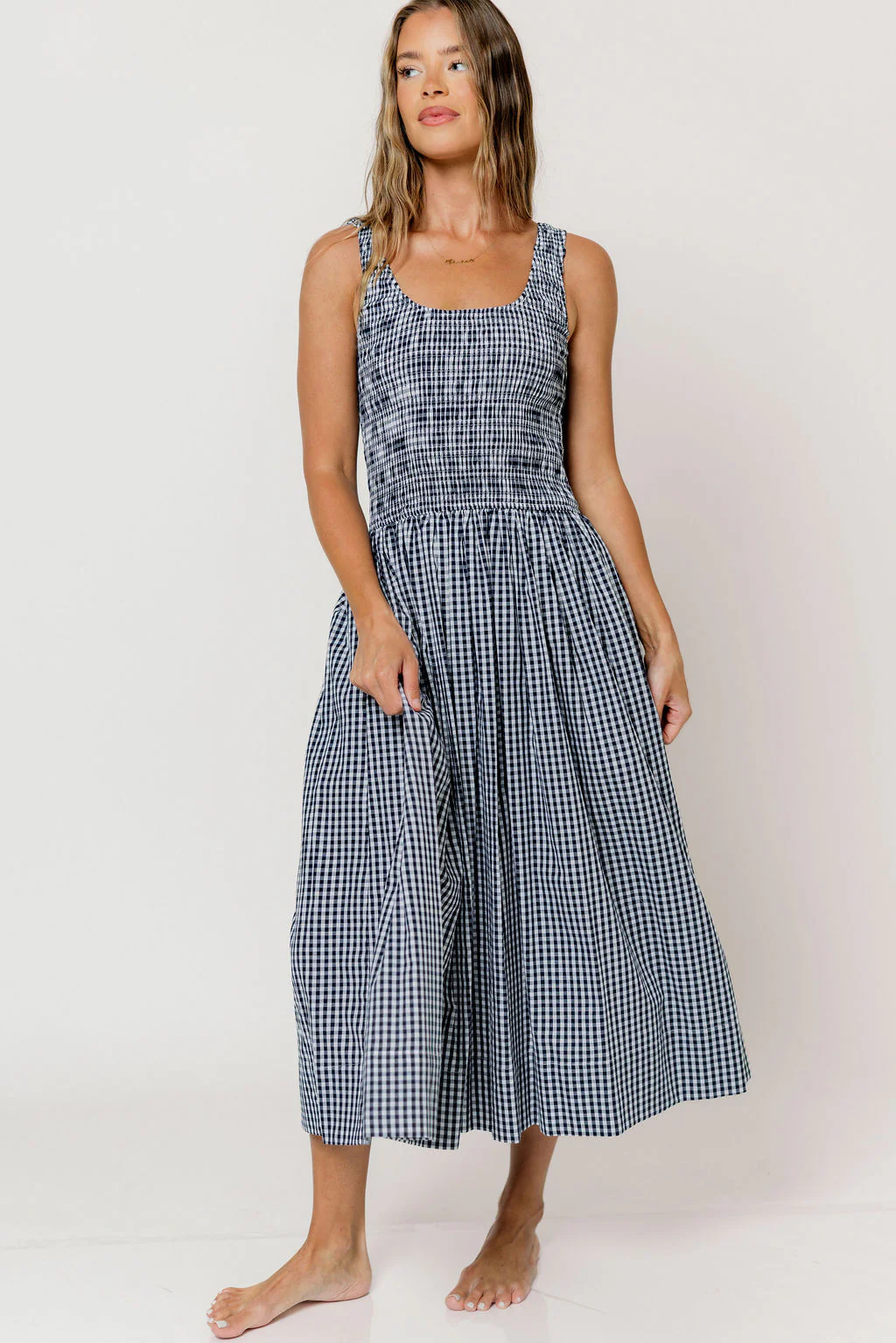 Janice 100% Cotton Gingham Smocked Midi Dress in Navy - Image 8
