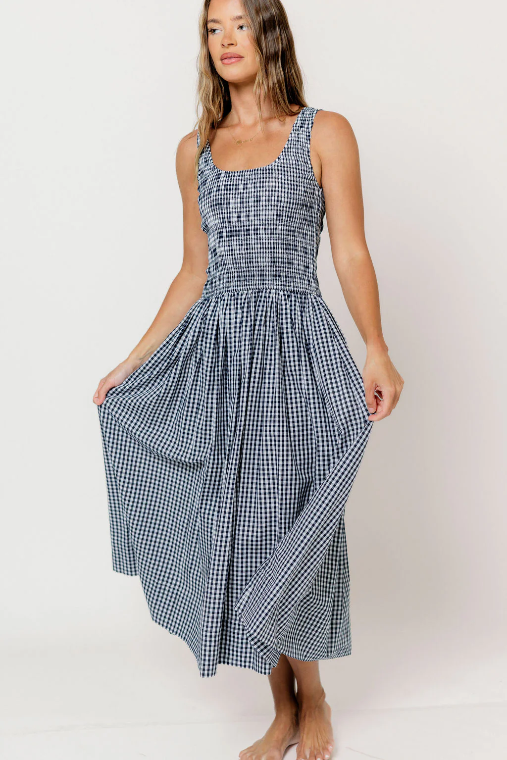 Janice 100% Cotton Gingham Smocked Midi Dress in Navy - Image 9