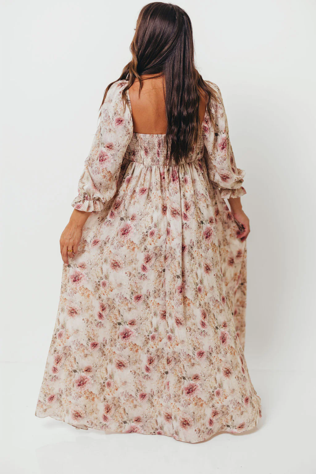 Mona Maxi Dress with Smocking in Pink/Beige Multi Floral - Bump Friendly - Image 18