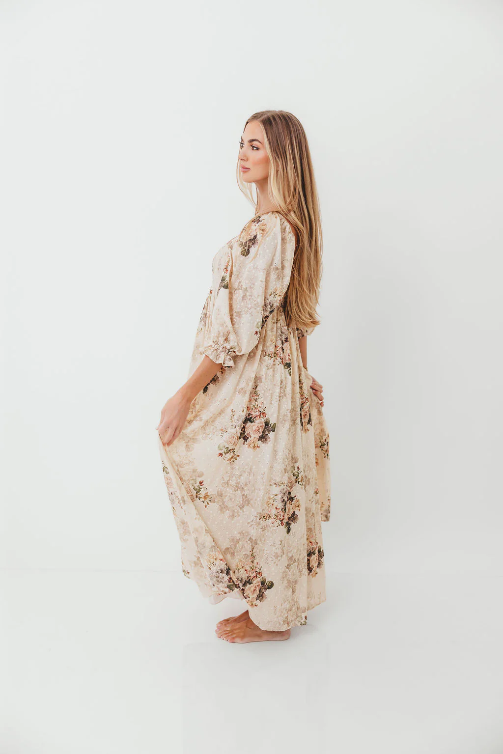 Mona Maxi Dress with Smocking in Cream/Beige Floral - Bump Friendly - Image 10