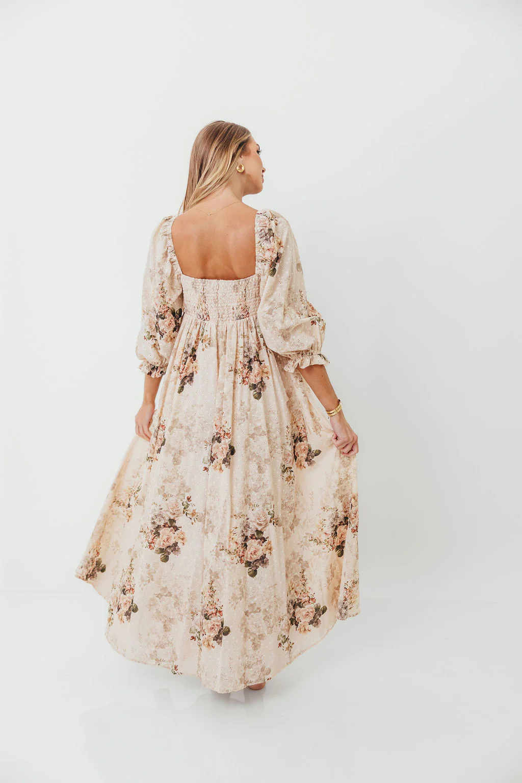 Mona Maxi Dress with Smocking in Cream/Beige Floral - Bump Friendly - Image 11