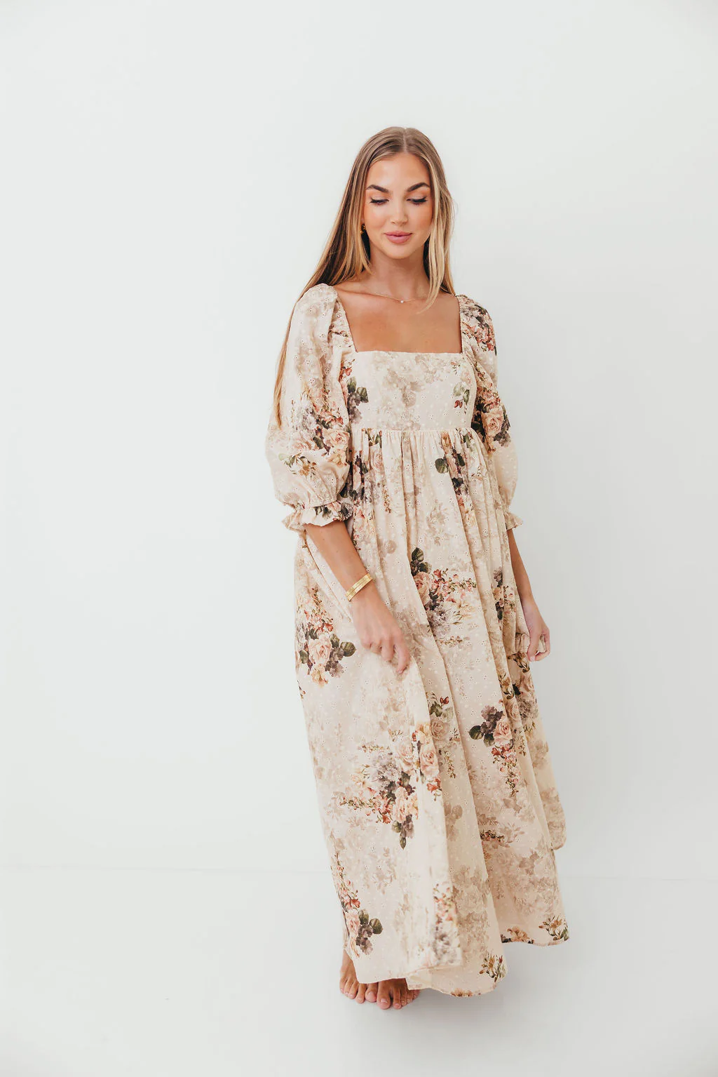 Mona Maxi Dress with Smocking in Cream/Beige Floral - Bump Friendly - Image 12