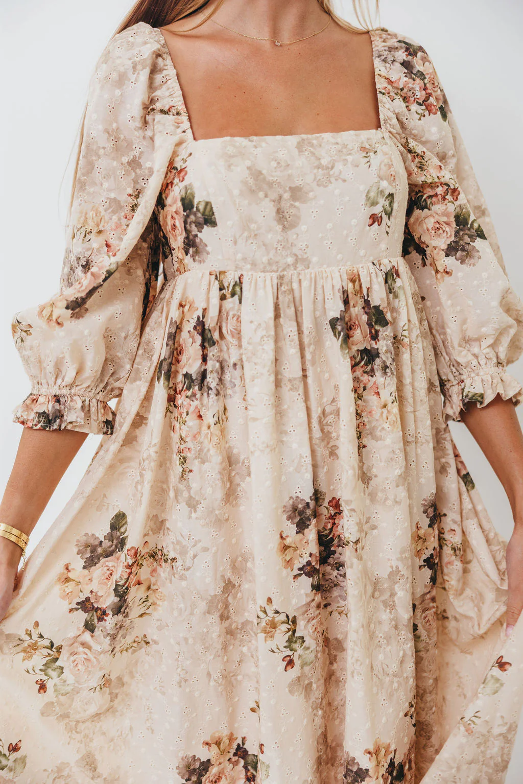 Mona Maxi Dress with Smocking in Cream/Beige Floral - Bump Friendly - Image 13