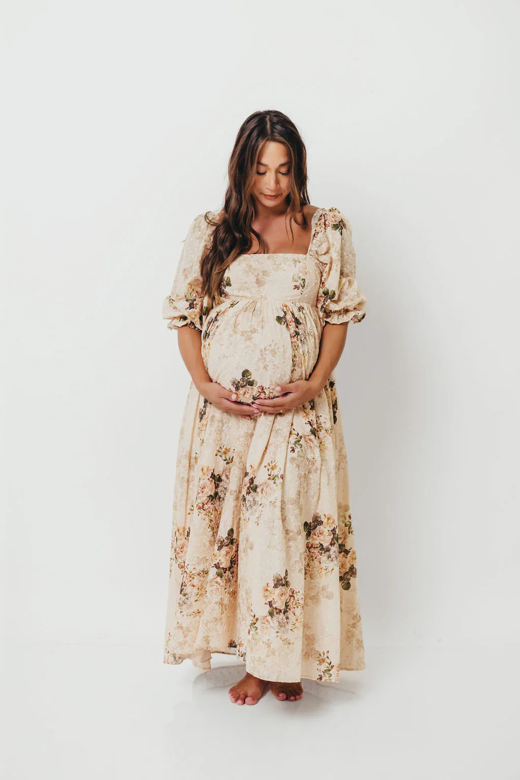 Mona Maxi Dress with Smocking in Cream/Beige Floral - Bump Friendly - Image 17