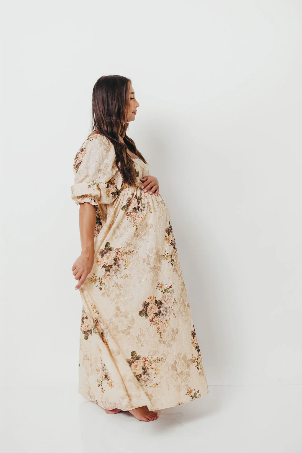 Mona Maxi Dress with Smocking in Cream/Beige Floral - Bump Friendly - Image 18
