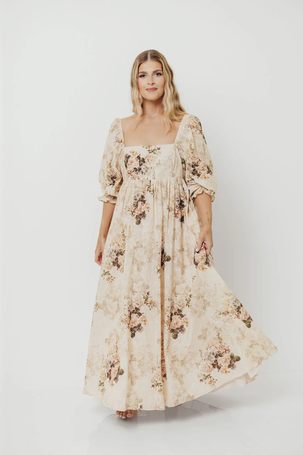 Mona Maxi Dress with Smocking in Cream/Beige Floral - Bump Friendly - Image 21