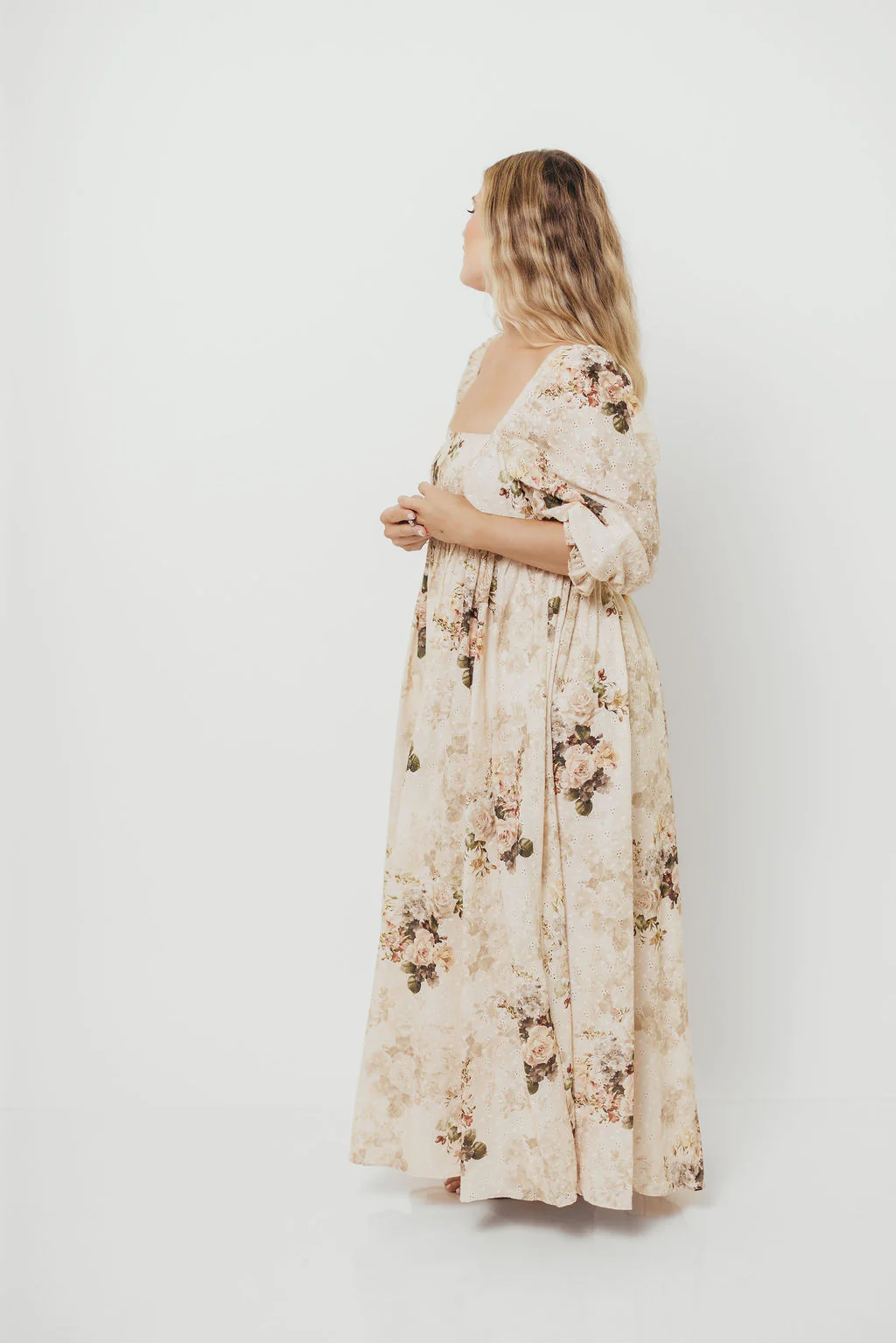 Mona Maxi Dress with Smocking in Cream/Beige Floral - Bump Friendly - Image 22