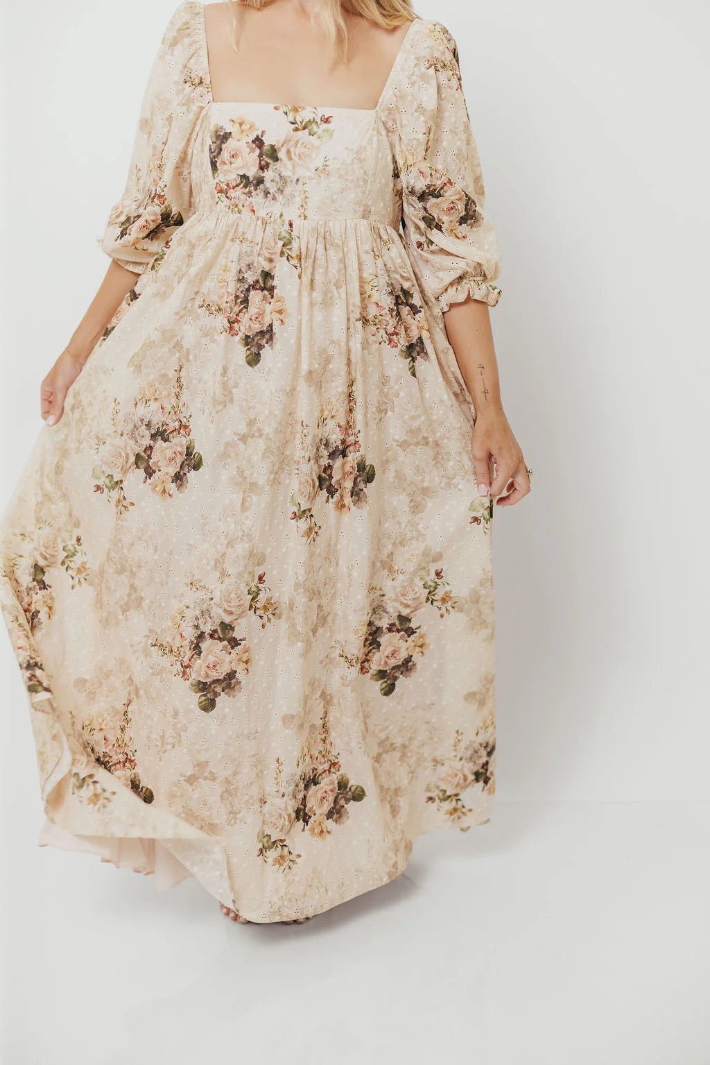 Mona Maxi Dress with Smocking in Cream/Beige Floral - Bump Friendly - Image 23