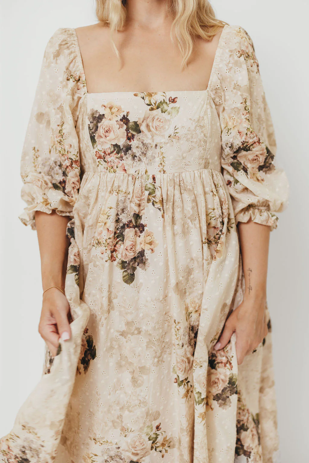 Mona Maxi Dress with Smocking in Cream/Beige Floral - Bump Friendly - Image 24