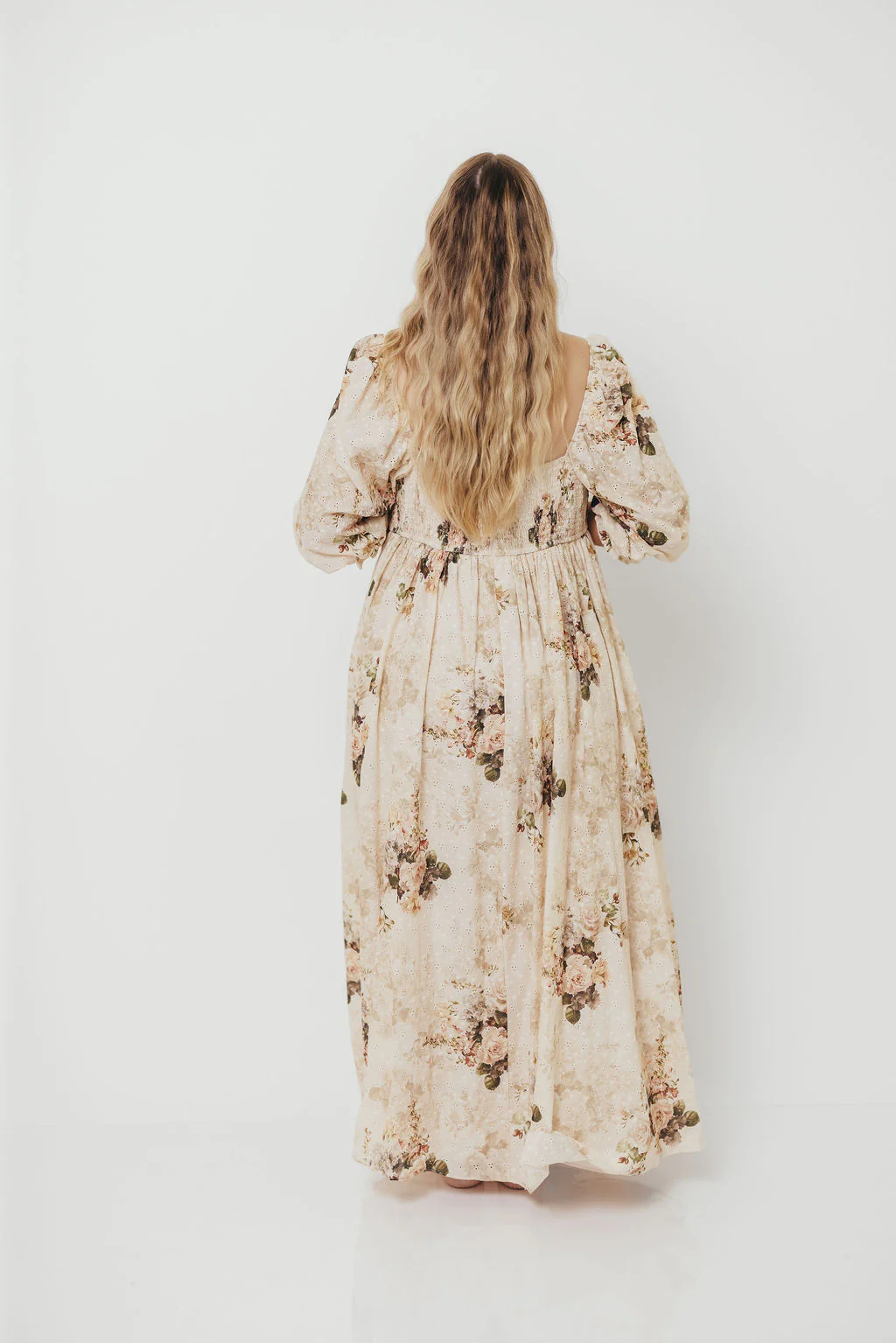 Mona Maxi Dress with Smocking in Cream/Beige Floral - Bump Friendly - Image 27