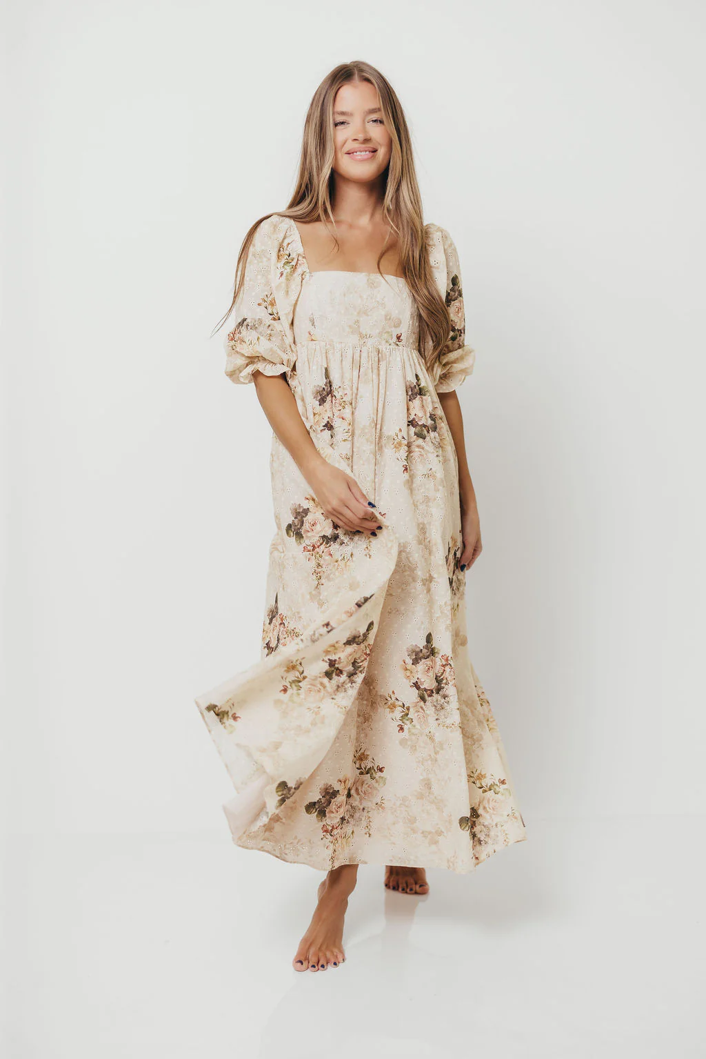 Mona Maxi Dress with Smocking in Cream/Beige Floral - Bump Friendly - Image 28