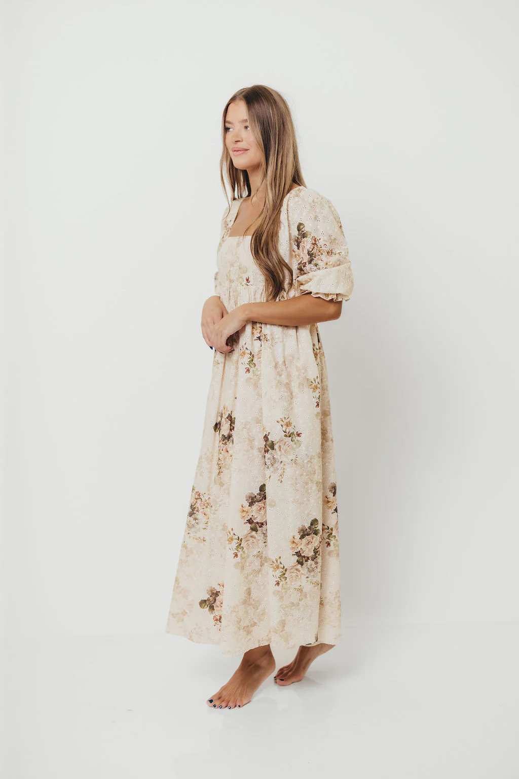 Mona Maxi Dress with Smocking in Cream/Beige Floral - Bump Friendly - Image 29
