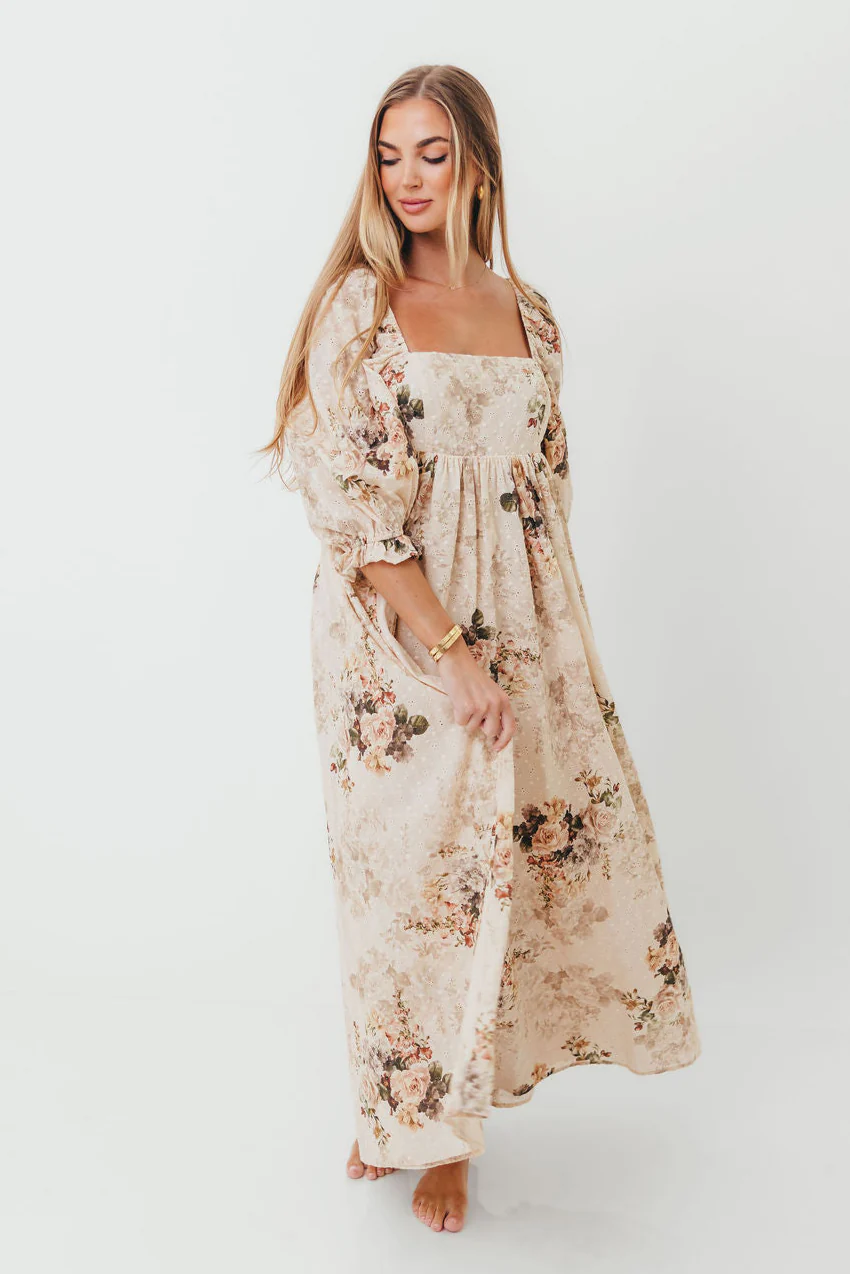 Mona Maxi Dress with Smocking in Cream/Beige Floral - Bump Friendly - Image 3