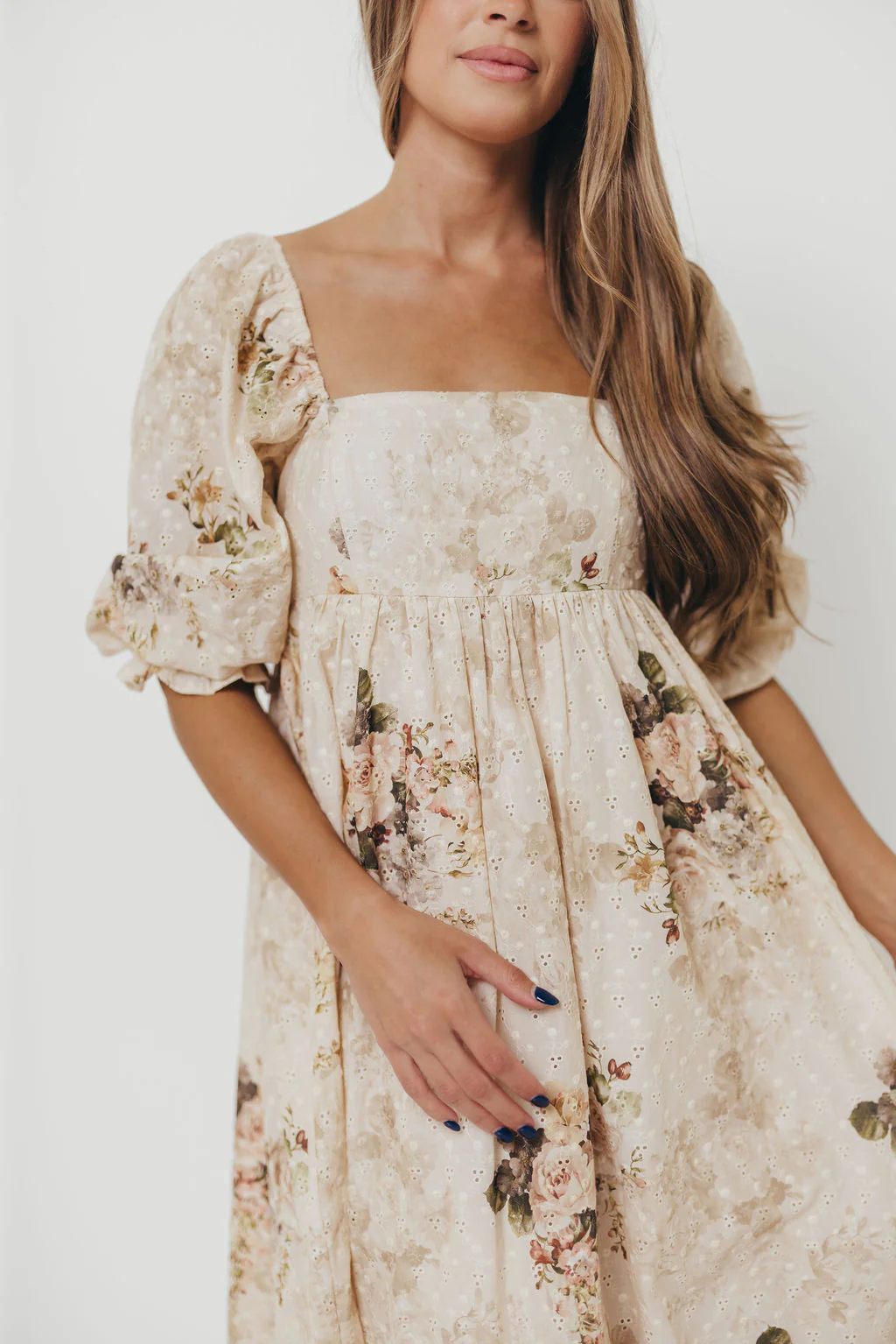 Mona Maxi Dress with Smocking in Cream/Beige Floral - Bump Friendly - Image 30