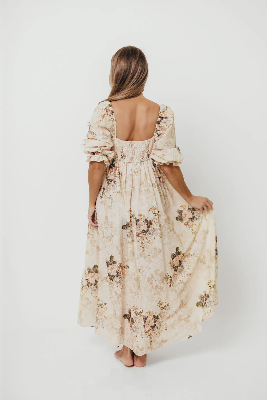 Mona Maxi Dress with Smocking in Cream/Beige Floral - Bump Friendly - Image 33