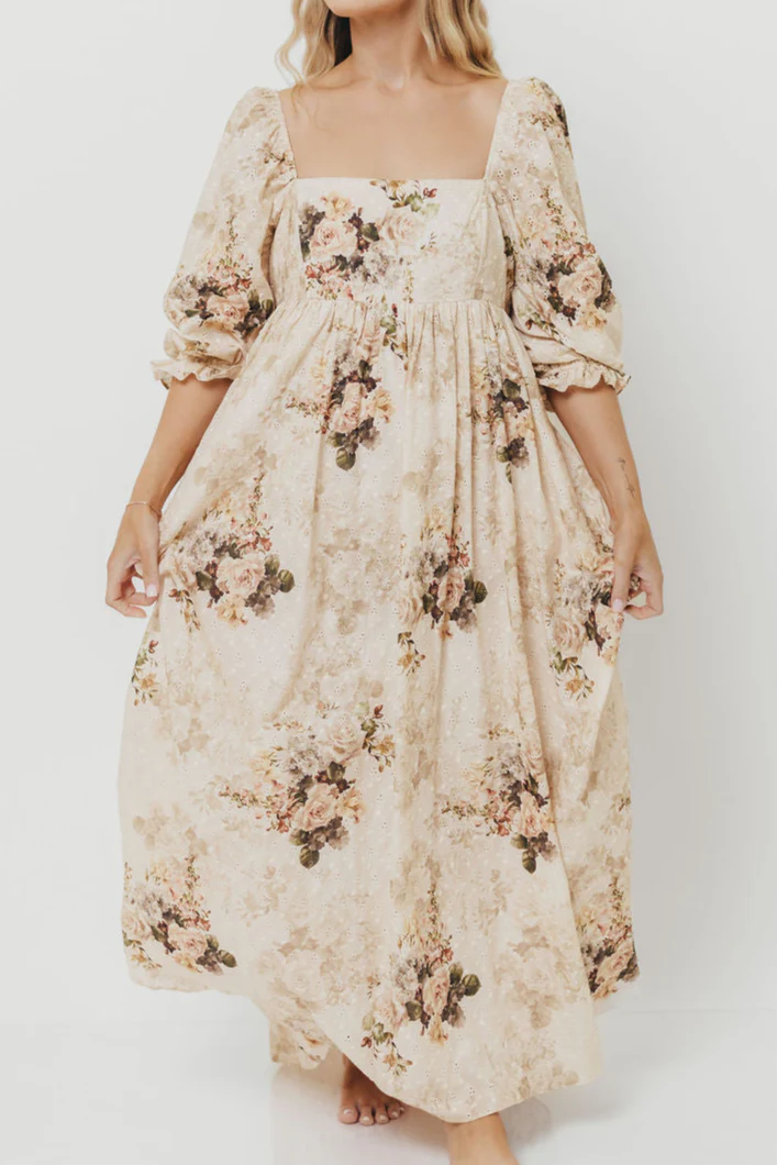 Mona Maxi Dress with Smocking in Cream/Beige Floral - Bump Friendly - Image 5