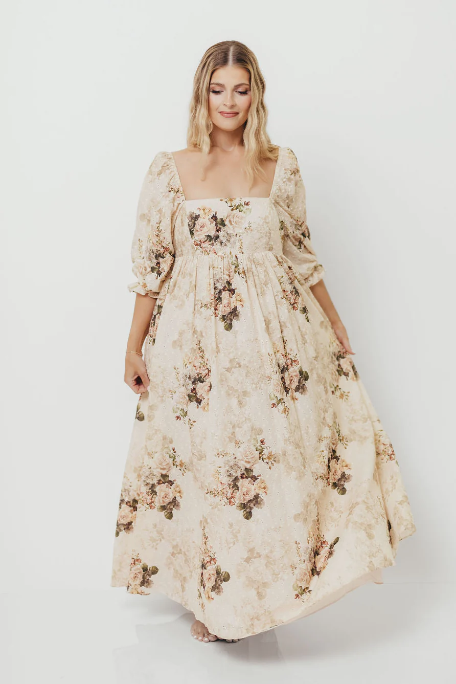 Mona Maxi Dress with Smocking in Cream/Beige Floral - Bump Friendly - Image 6
